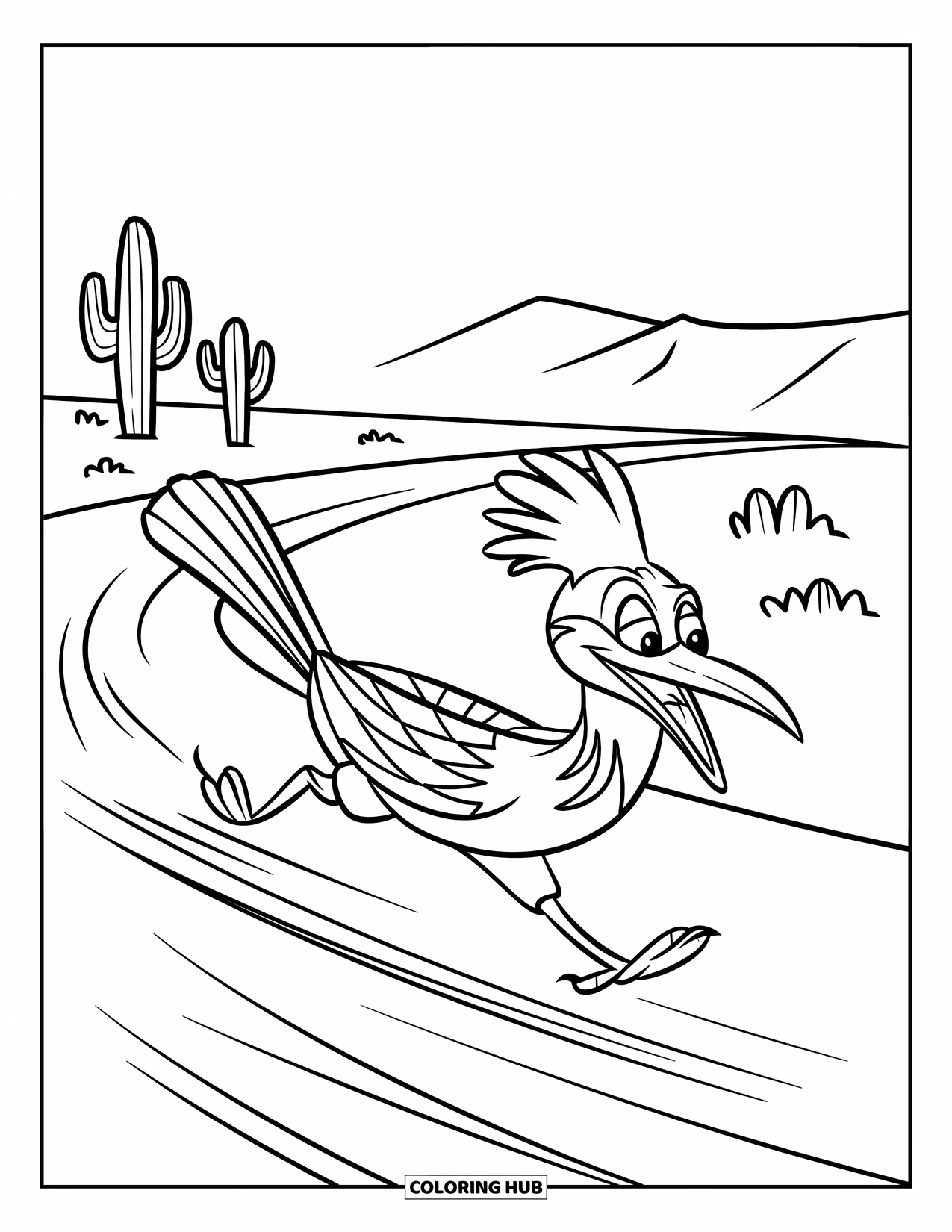 Desert Coloring Page for Kids: A lively roadrunner runs across the desert with cacti and hills behind