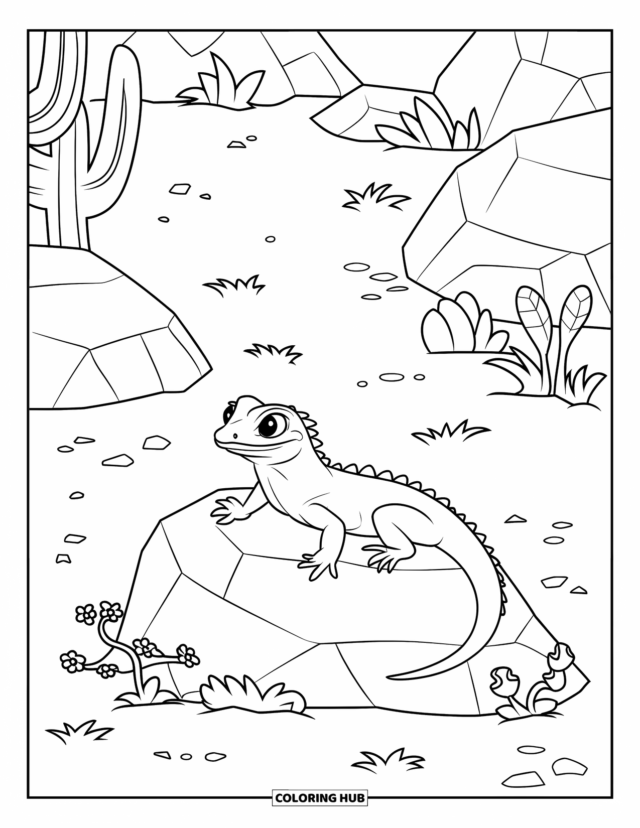 Desert Coloring Page for Kids: A lizard rests on a rock among desert flowers and shrubs