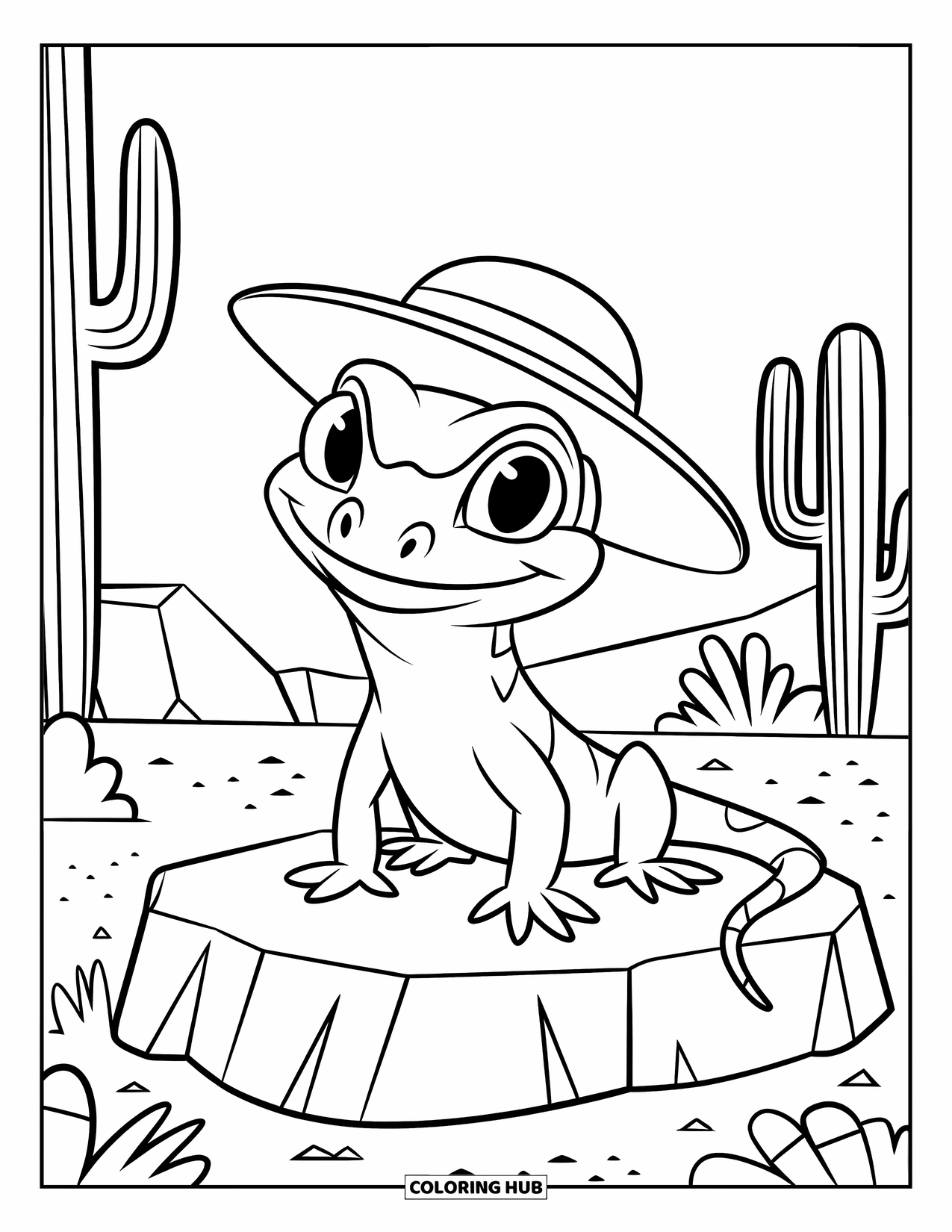 Desert Coloring Page for Kids: A lizard wearing a straw hat rests on a flat rock in the desert