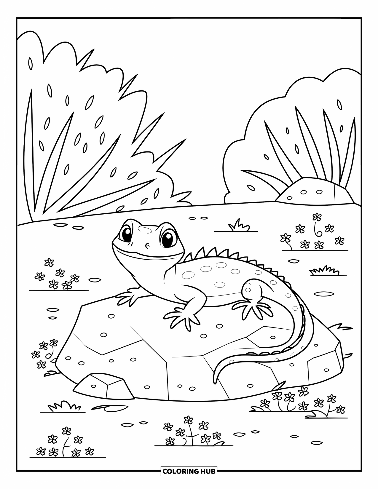Desert Coloring Page for Kids: A lizard with a big mouth lies on a rock with desert plants nearby