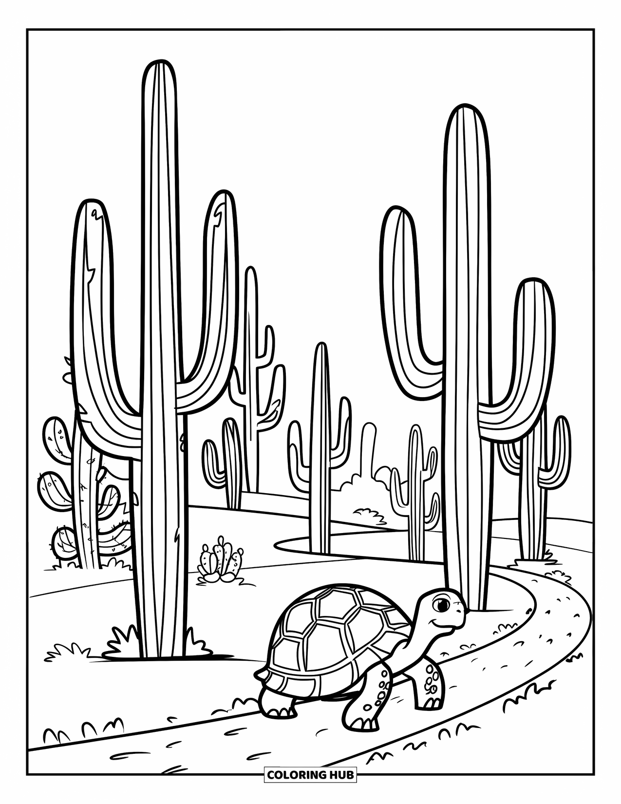 Desert Coloring Page for Kids: A patterned tortoise follows a path past big desert cacti