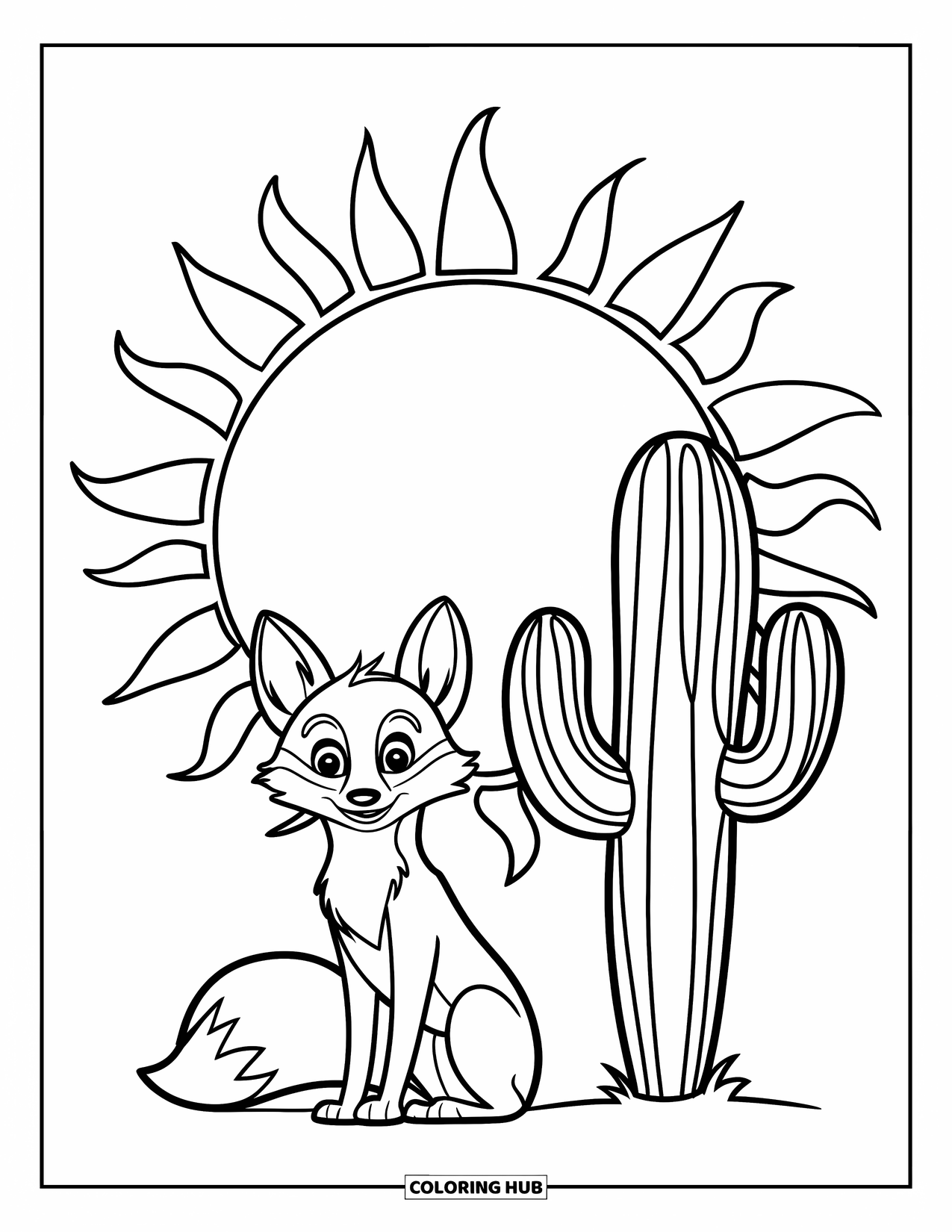 Desert Coloring Page for Kids: A quiet desert fox rests near a cactus with the sun shining bright
