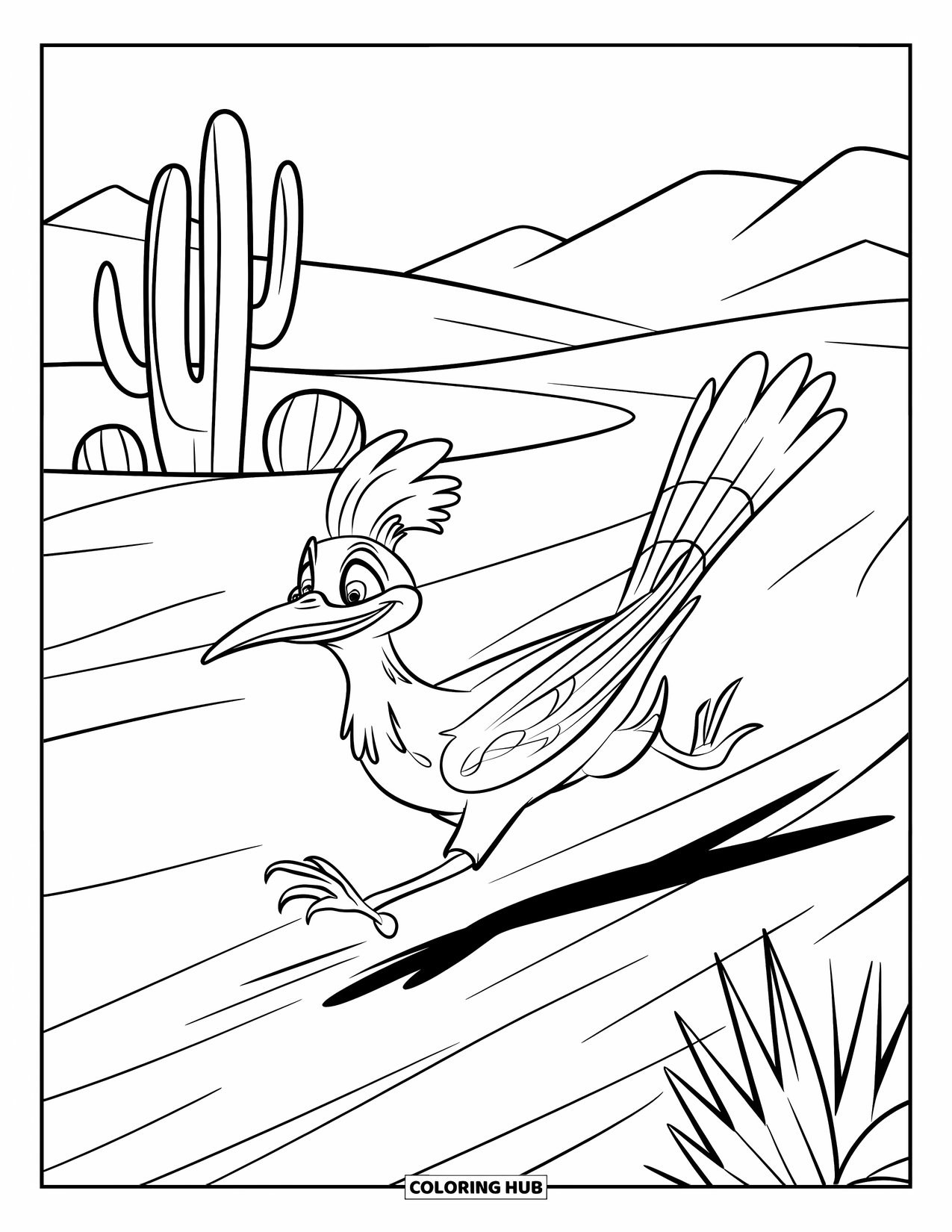 Desert Coloring Page for Kids: A roadrunner dashes past cacti and mountains in the desert wind