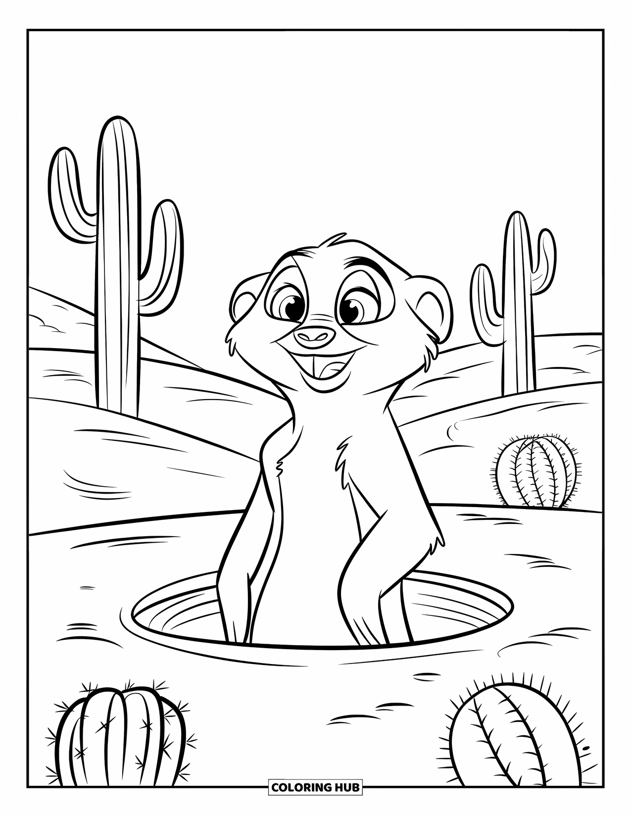 Desert Coloring Page for Kids: A round meerkat looks up from a hole in a rocky desert hill