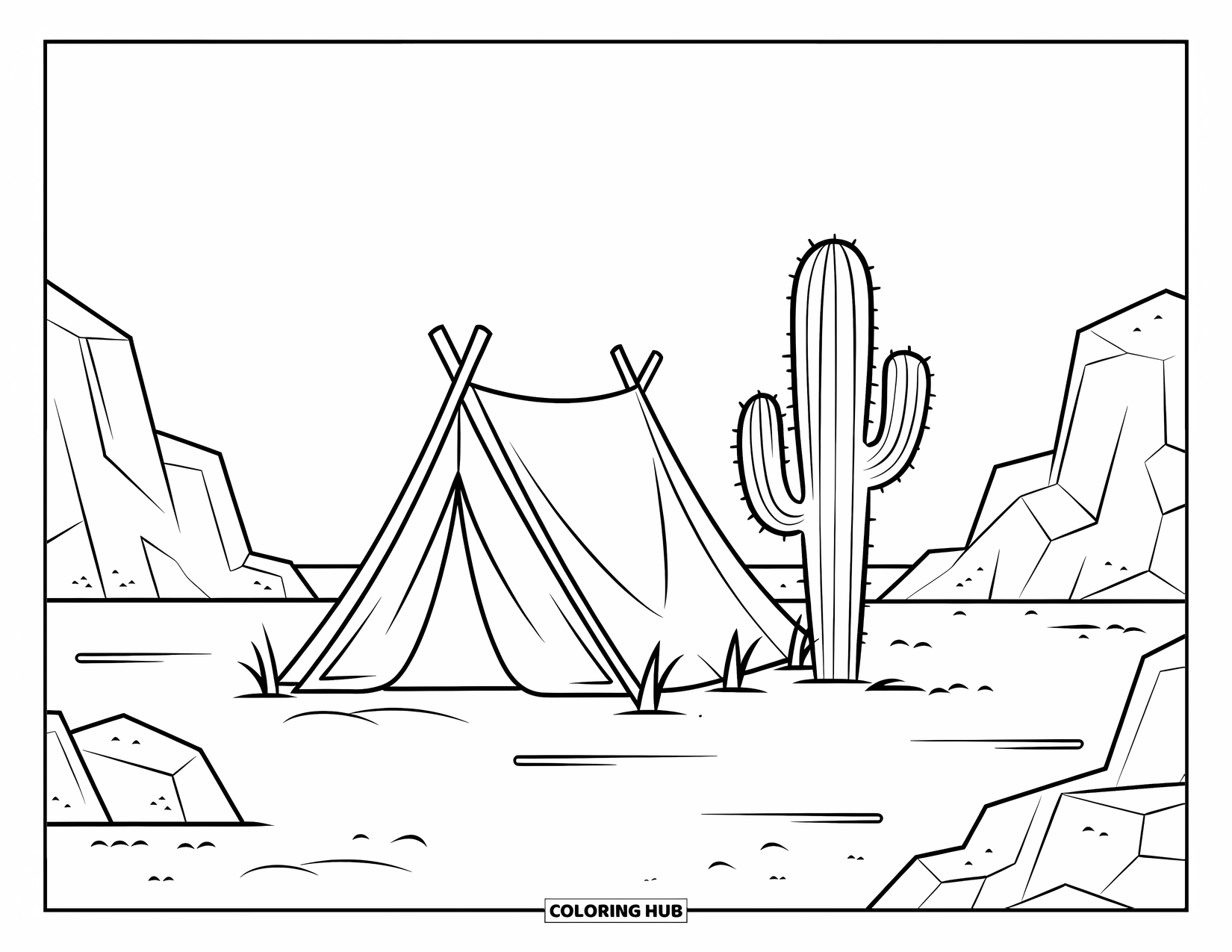 Desert Coloring Page for Kids: A round tent and a tall cactus sit quietly on the sand