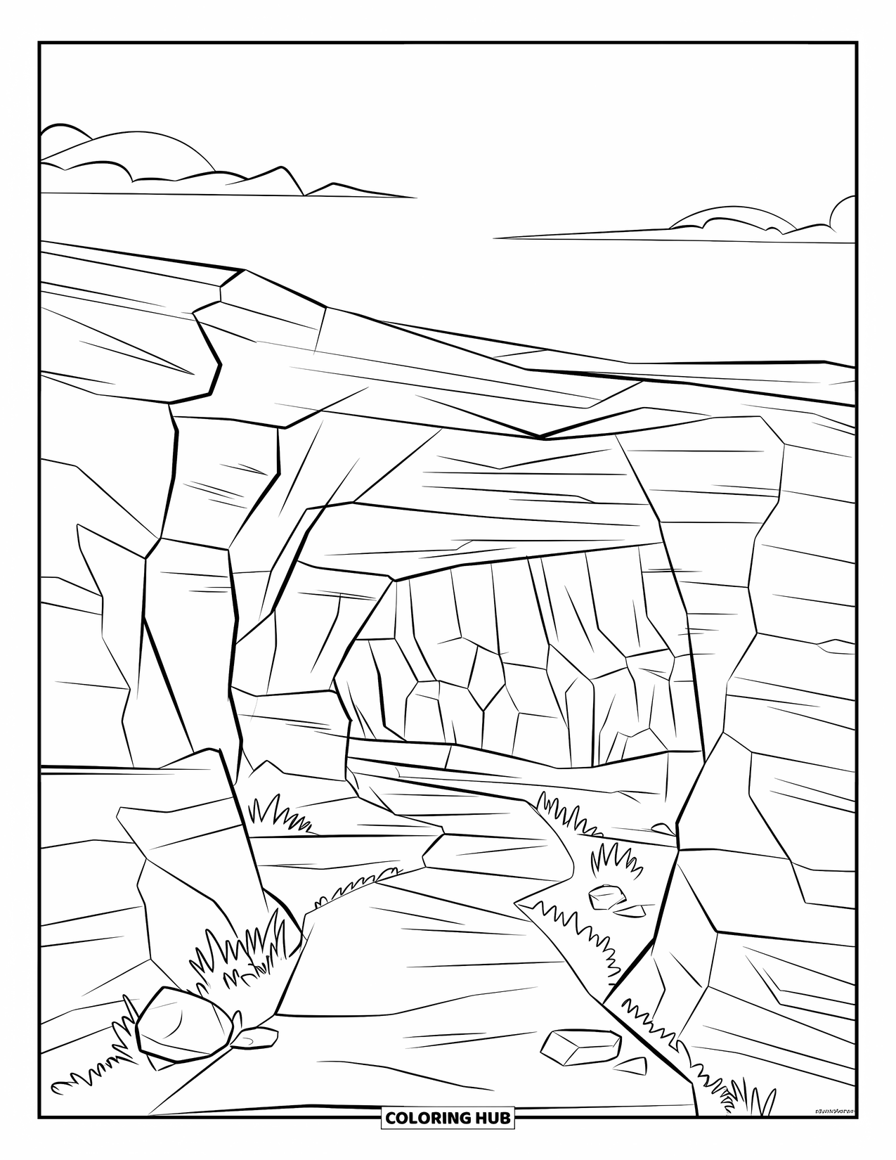 Desert Coloring Page for Kids: A sandy trail leads to a desert cave framed by rock layers