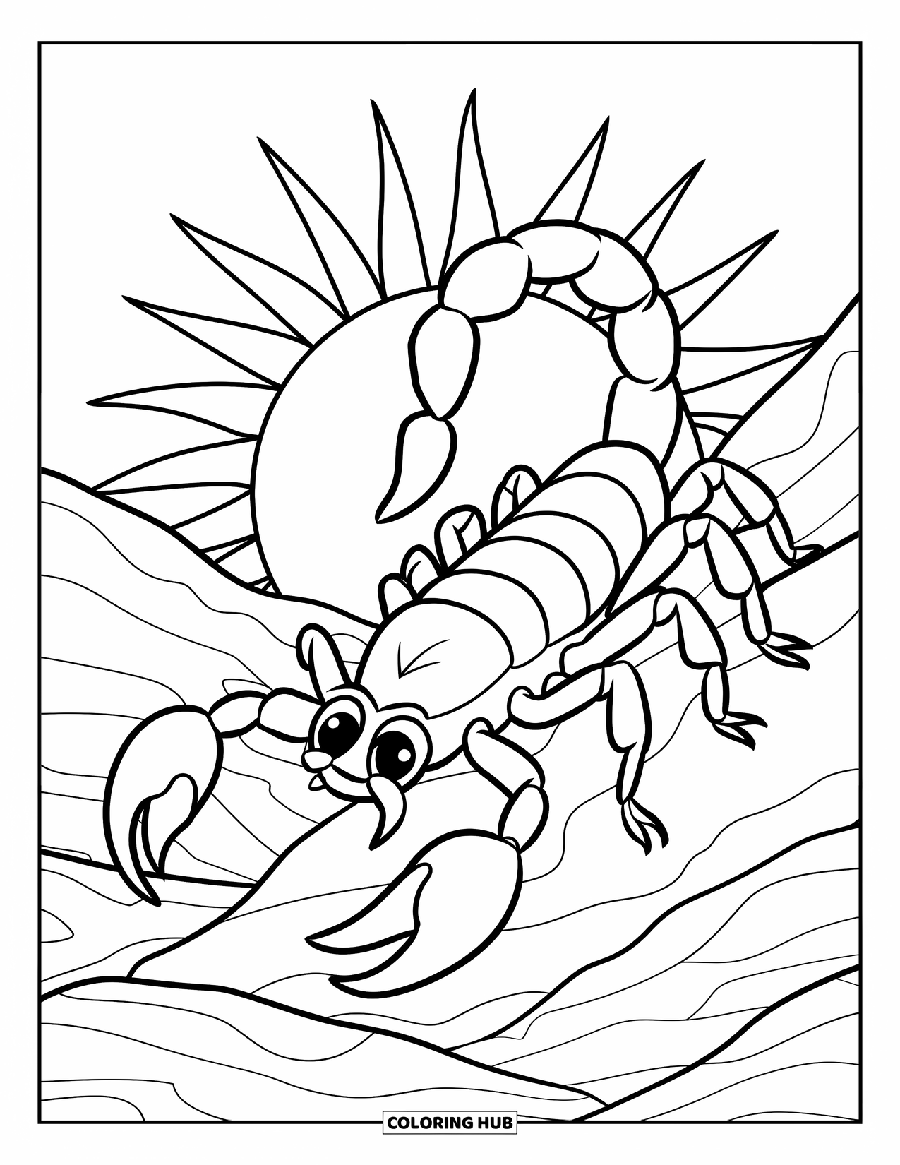 Desert Coloring Page for Kids: A scorpion climbs rocky ground under a detailed desert sun