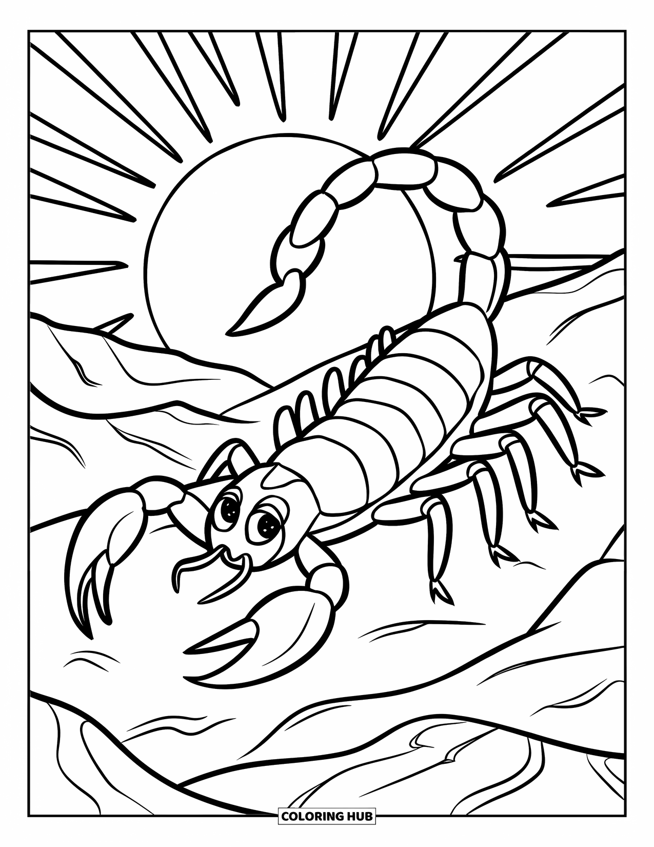 Desert Coloring Page for Kids: A scorpion crawls across rocky terrain with a beaming sun in the sky