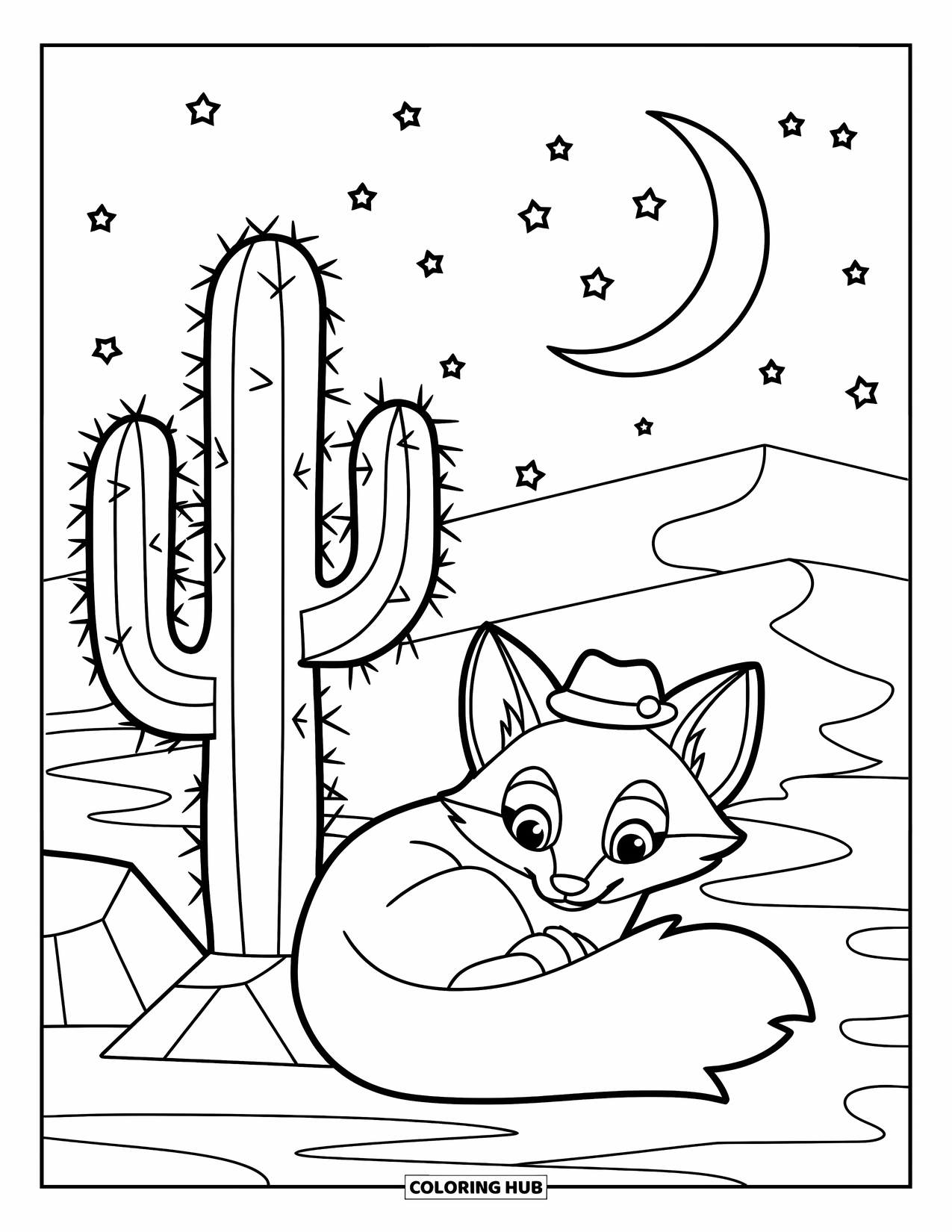 Desert Coloring Page for Kids: A sleepy desert fox curls beside a cactus under a crescent moon
