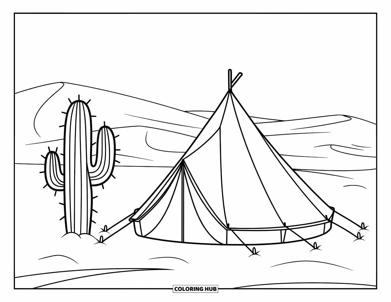 Desert Coloring Page for Kids: A small desert tent stands beside one lonely cactus