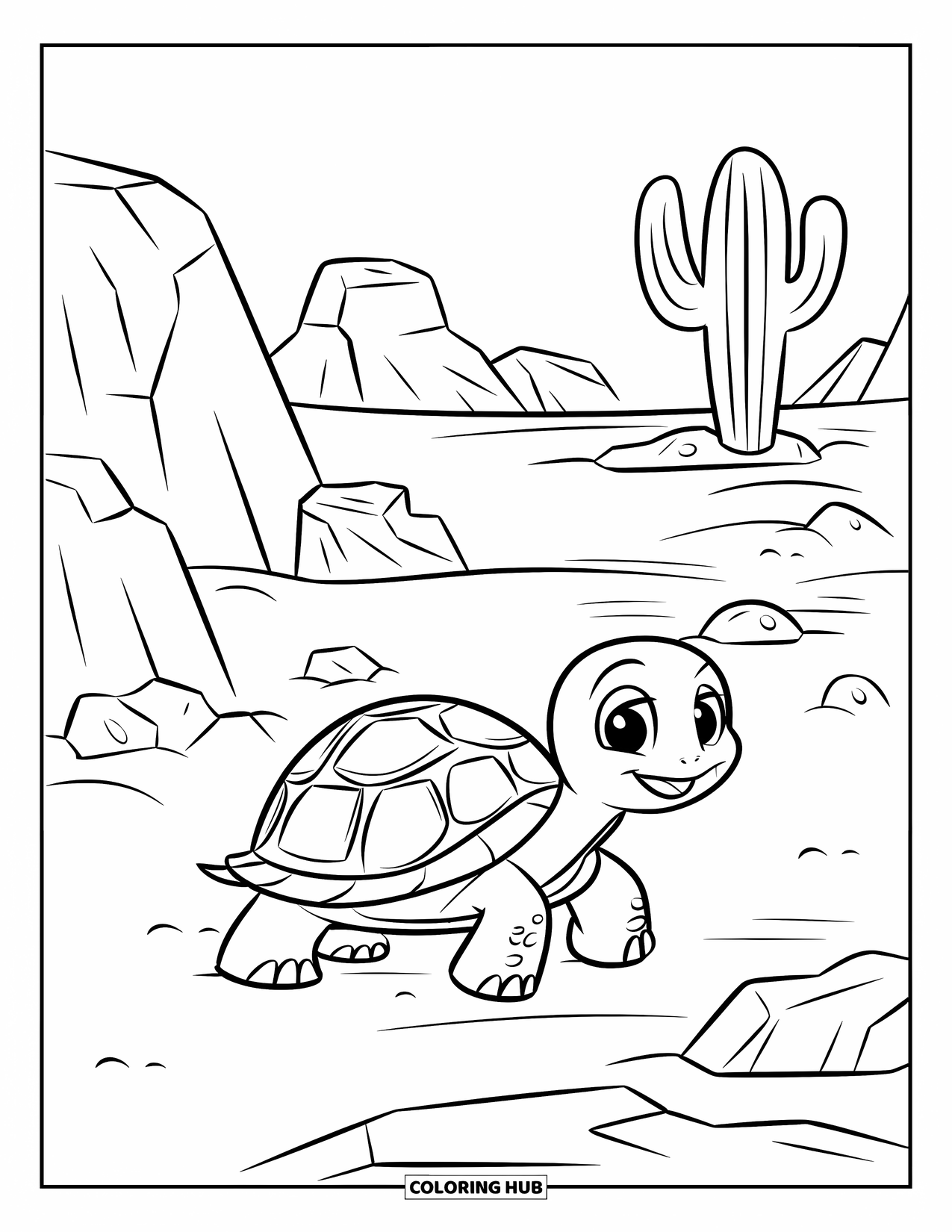 Desert Coloring Page for Kids: A small tortoise explores sandy desert ground with nearby rocks and cactus