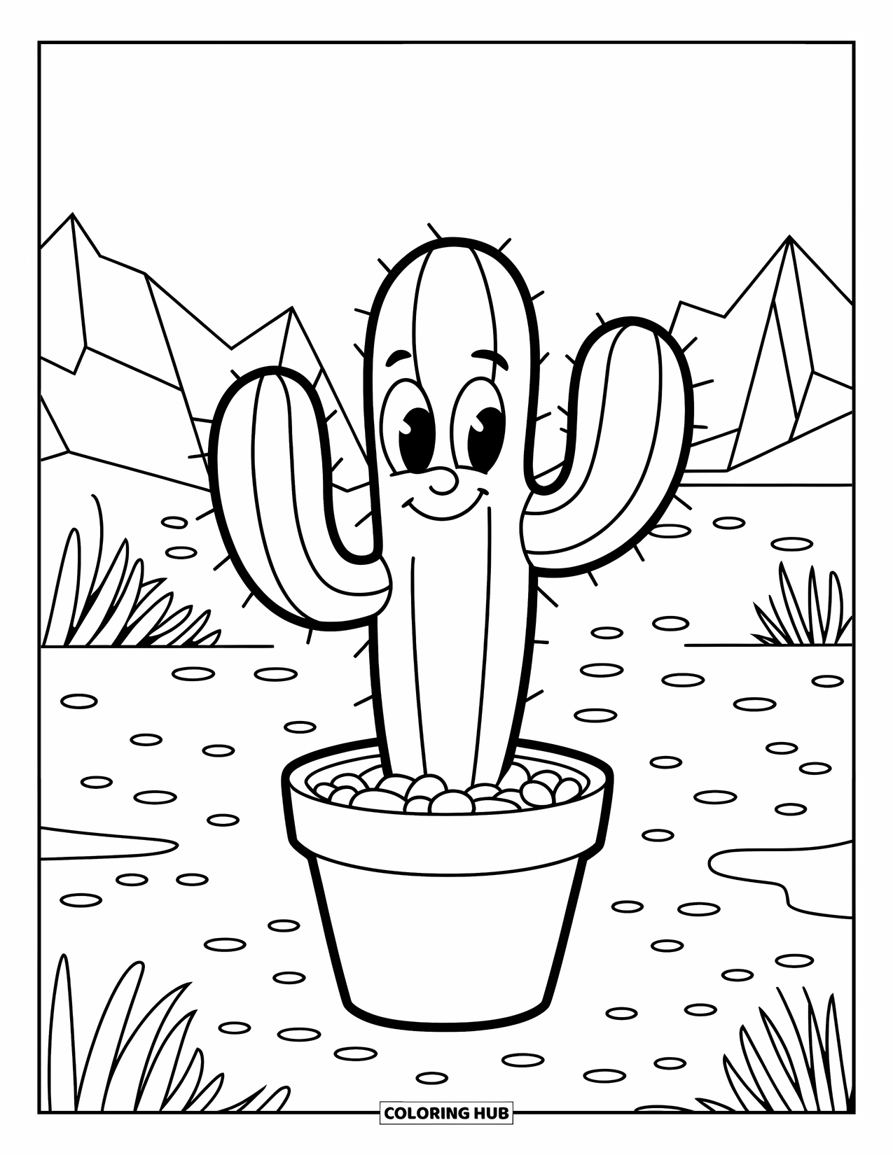 Desert Coloring Page for Kids: A smiling cactus in a pot sits in a quiet desert with tiny stones