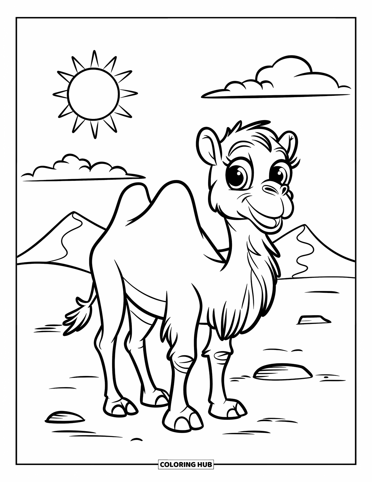 Desert Coloring Page for Kids: A smiling camel with big eyes stands near rocks and soft dunes