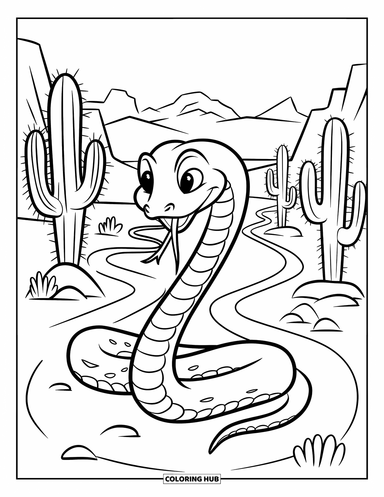 Desert Coloring Page for Kids: A snake moves along rocky desert trails surrounded by tall cacti and hills