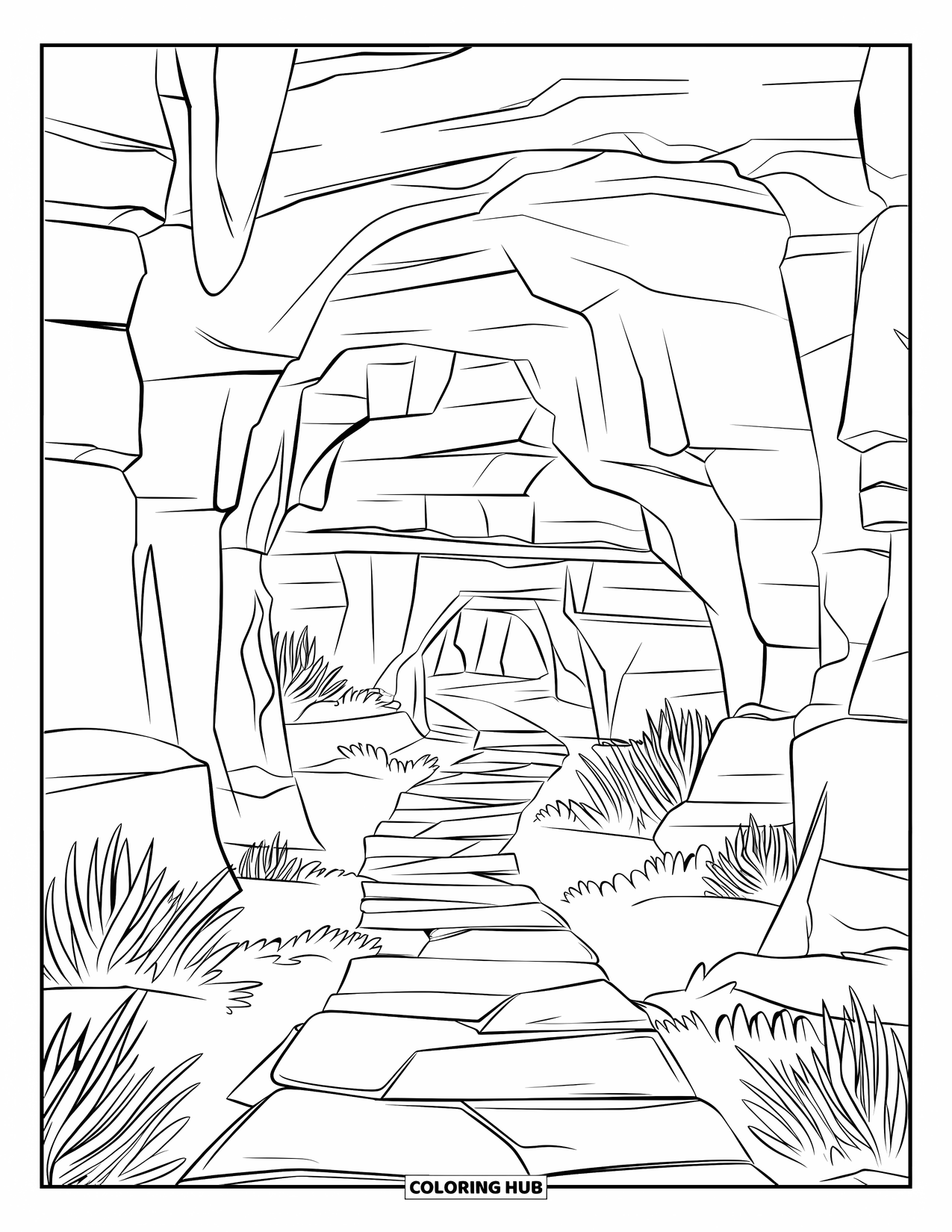 Desert Coloring Page for Kids: A stone path winds to a cave among layered desert rocks and plants
