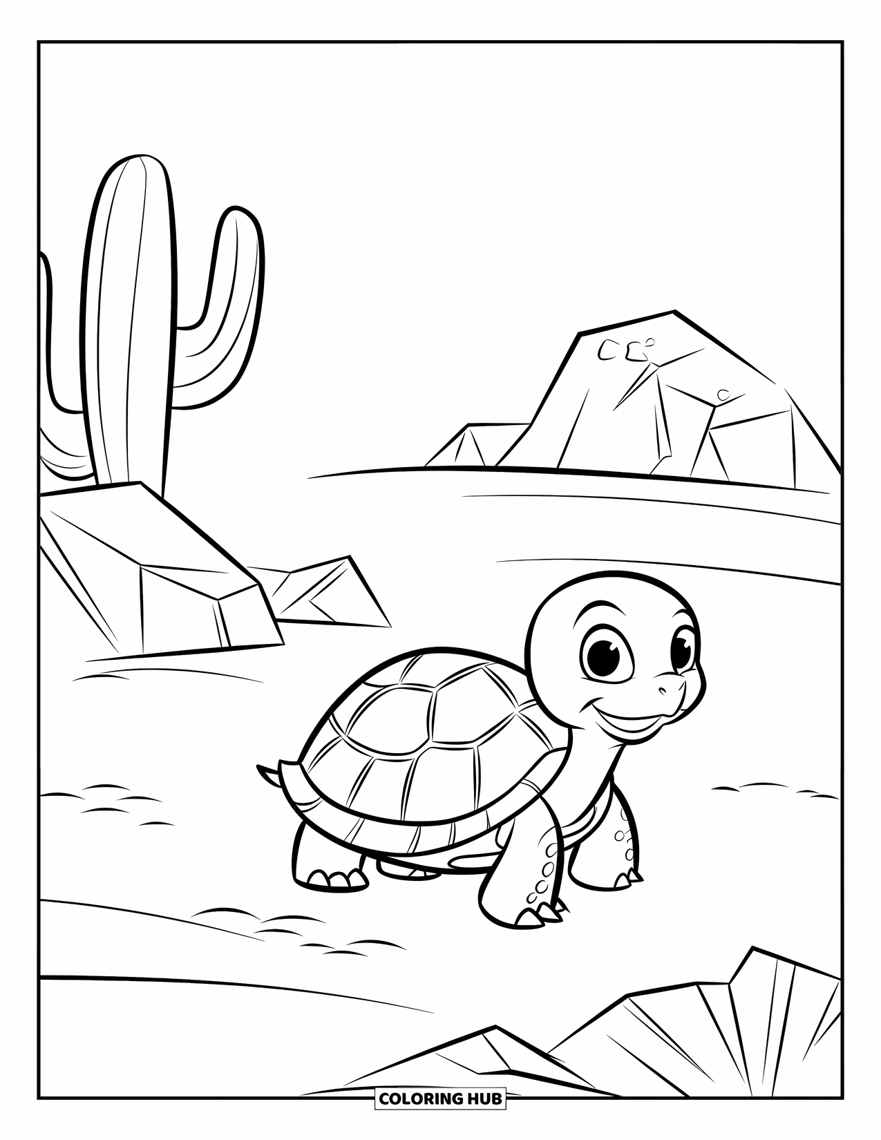 Desert Coloring Page for Kids: A tiny tortoise strolls near bold rocks and a single cactus