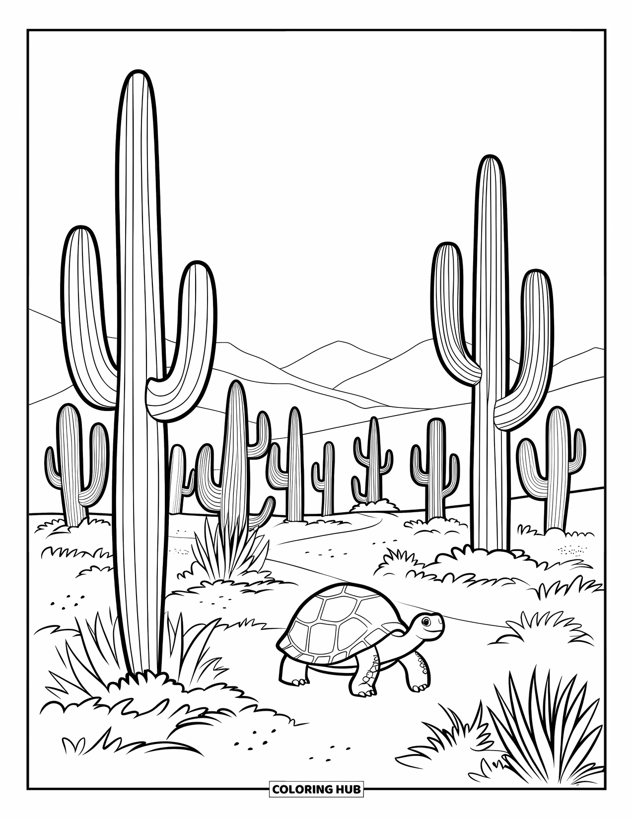 Desert Coloring Page for Kids: A tortoise strolls through a forest of tall saguaro cacti