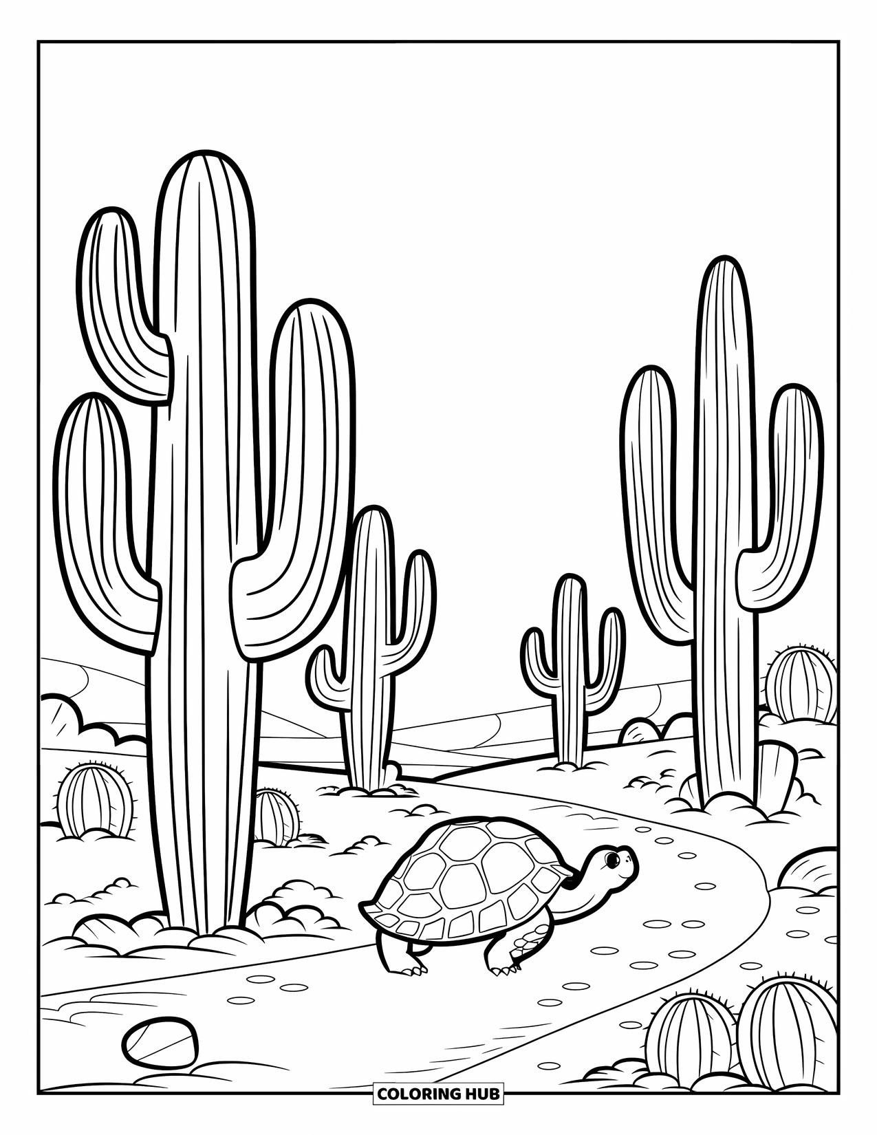 Desert Coloring Page for Kids: A tortoise walks along a rocky path through towering desert cacti