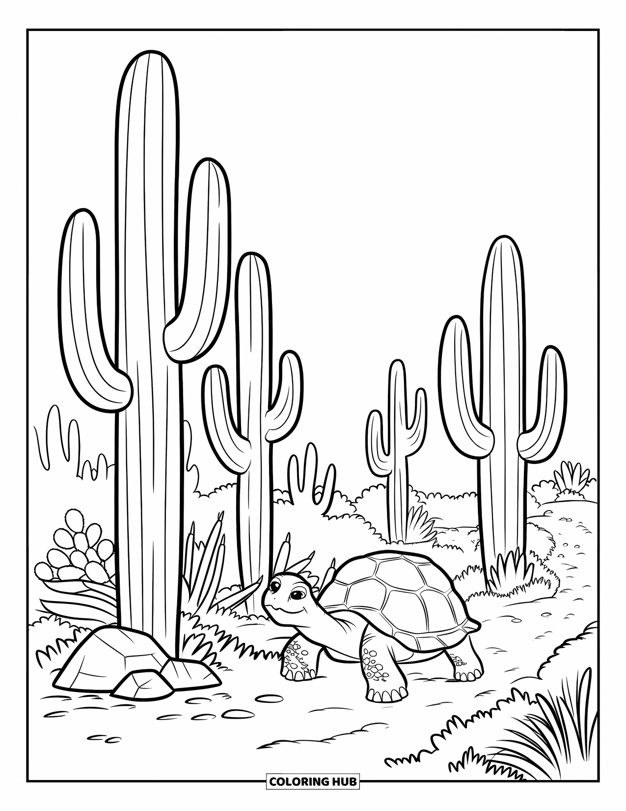 Desert Coloring Page for Kids: A tortoise winds through a forest of tall, multi-armed saguaros