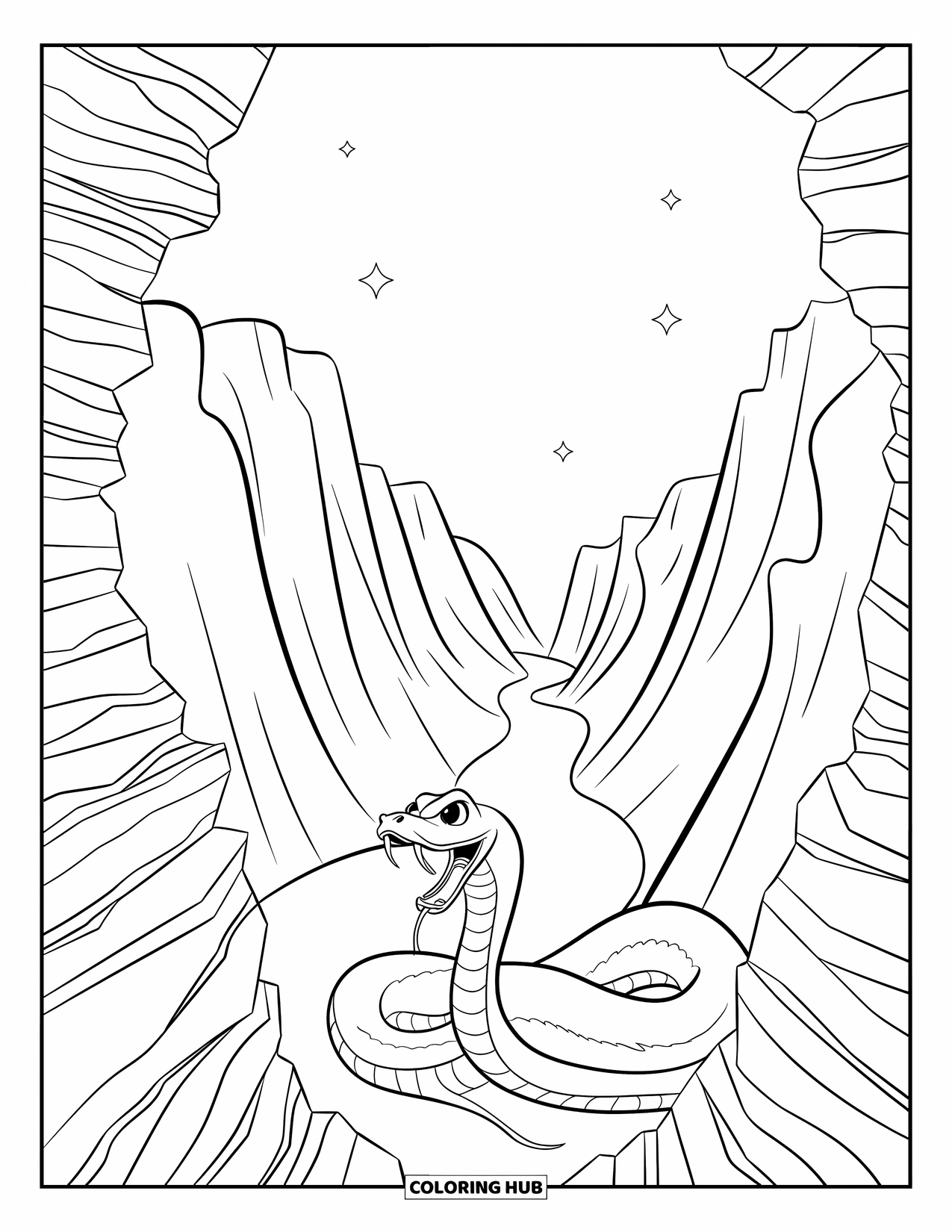 Desert Coloring Page for Kids: A wide canyon scene with a snake resting on rocky ledges