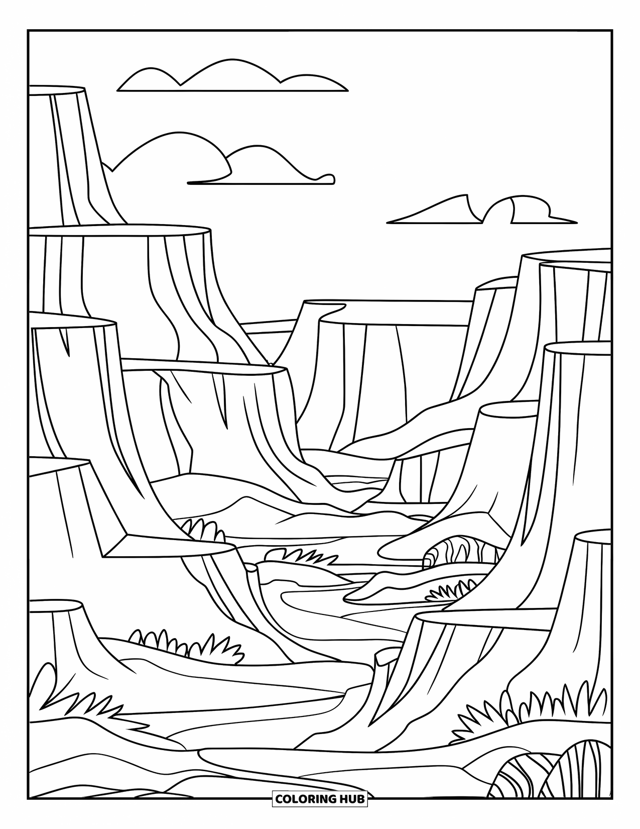 Desert Coloring Page for Kids: A winding trail leads through cliffs and dunes to a tiny desert oasis