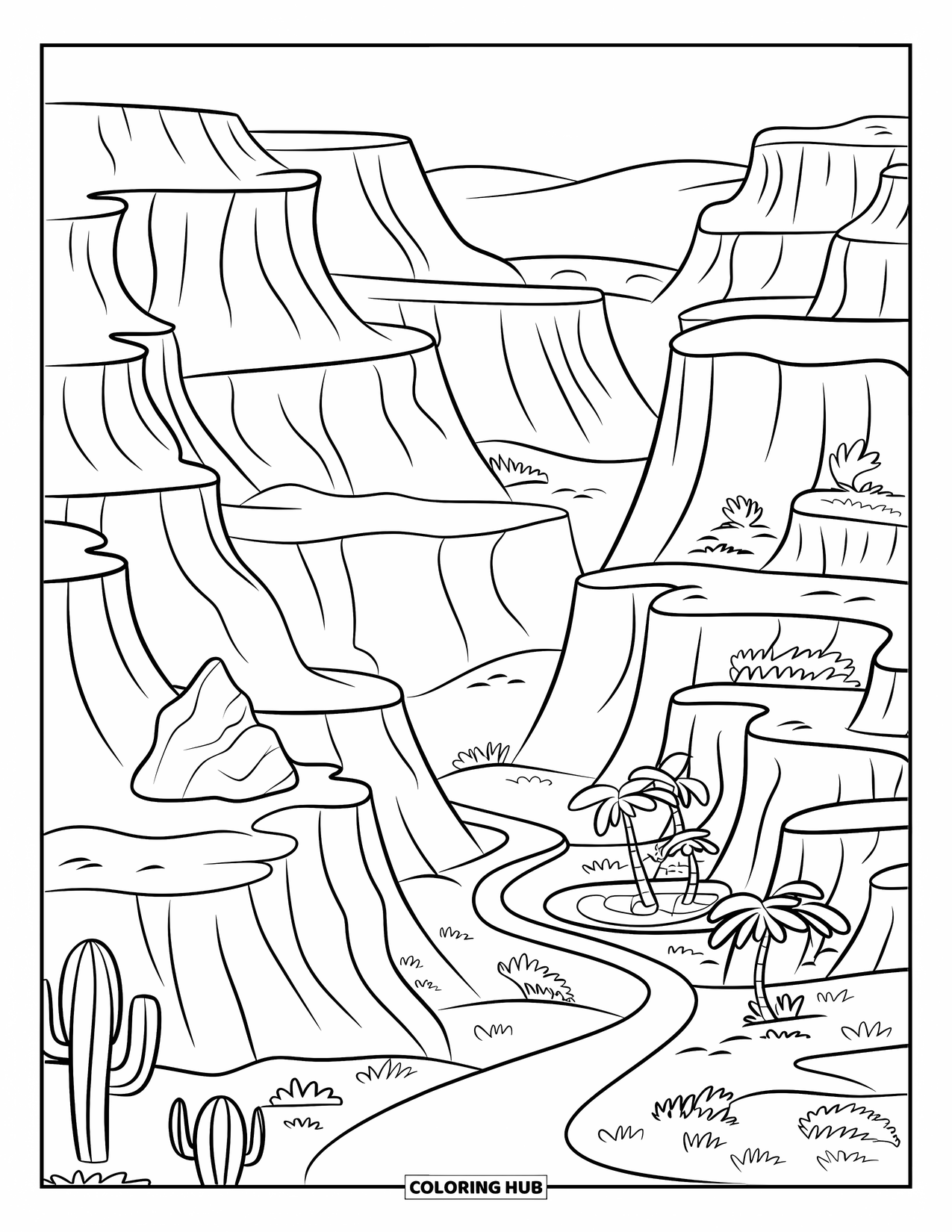 Desert Coloring Page for Kids: Cacti and rocks surround a trail that leads to a peaceful desert oasis