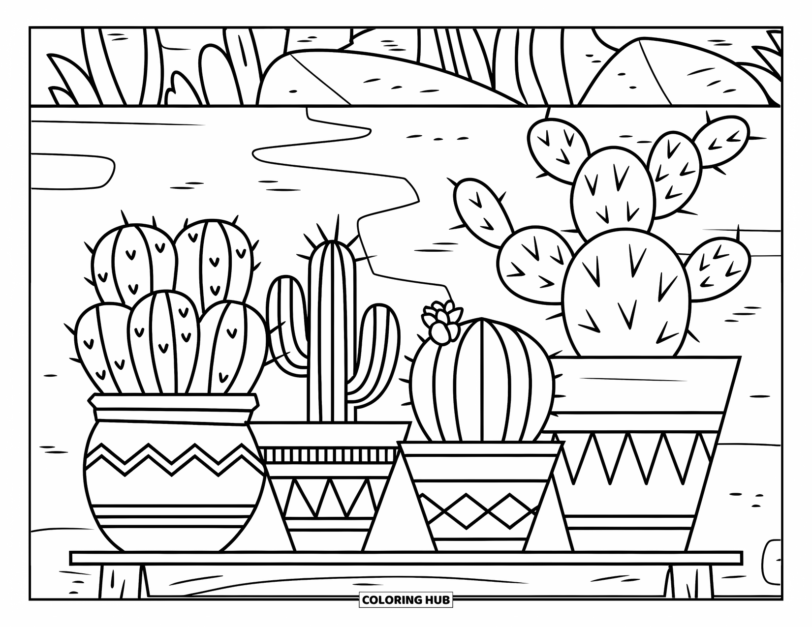 Desert Coloring Page for Kids: Cacti in patterned pots rest on a wooden platform in the desert