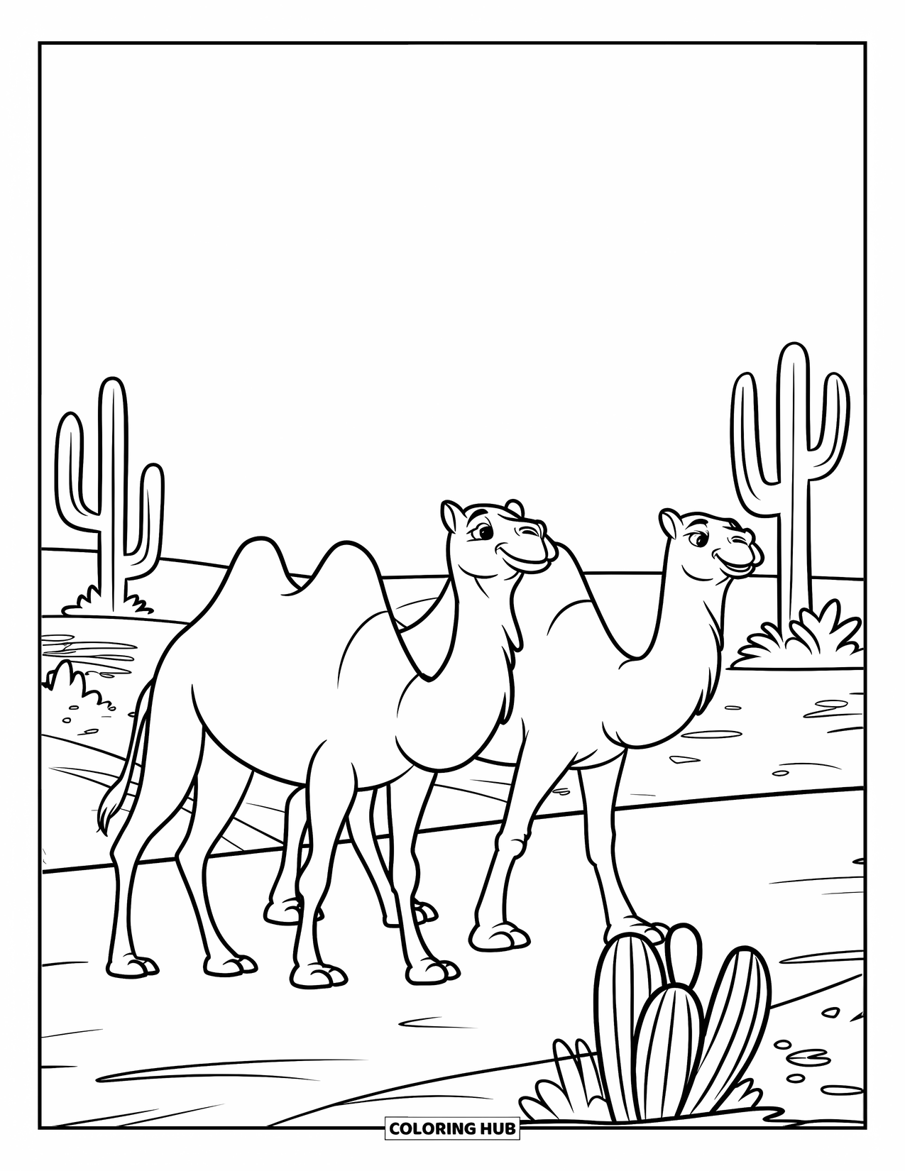 Desert Coloring Page for Kids: Camels stroll through a vast desert surrounded by cactus plants
