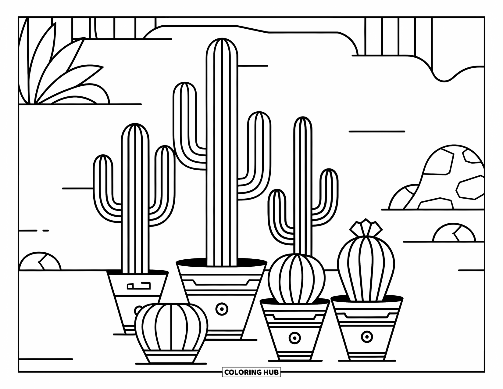 Desert Coloring Page for Kids: Desert cacti in fancy pots line a quiet rocky scene