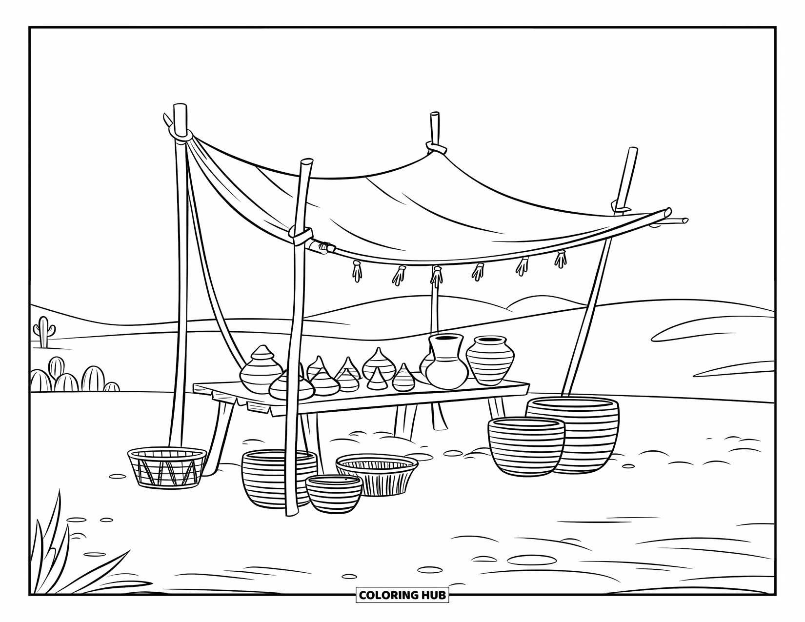 Desert Coloring Page for Kids: Pots and baskets fill a wooden market stall under a sunlit desert shade
