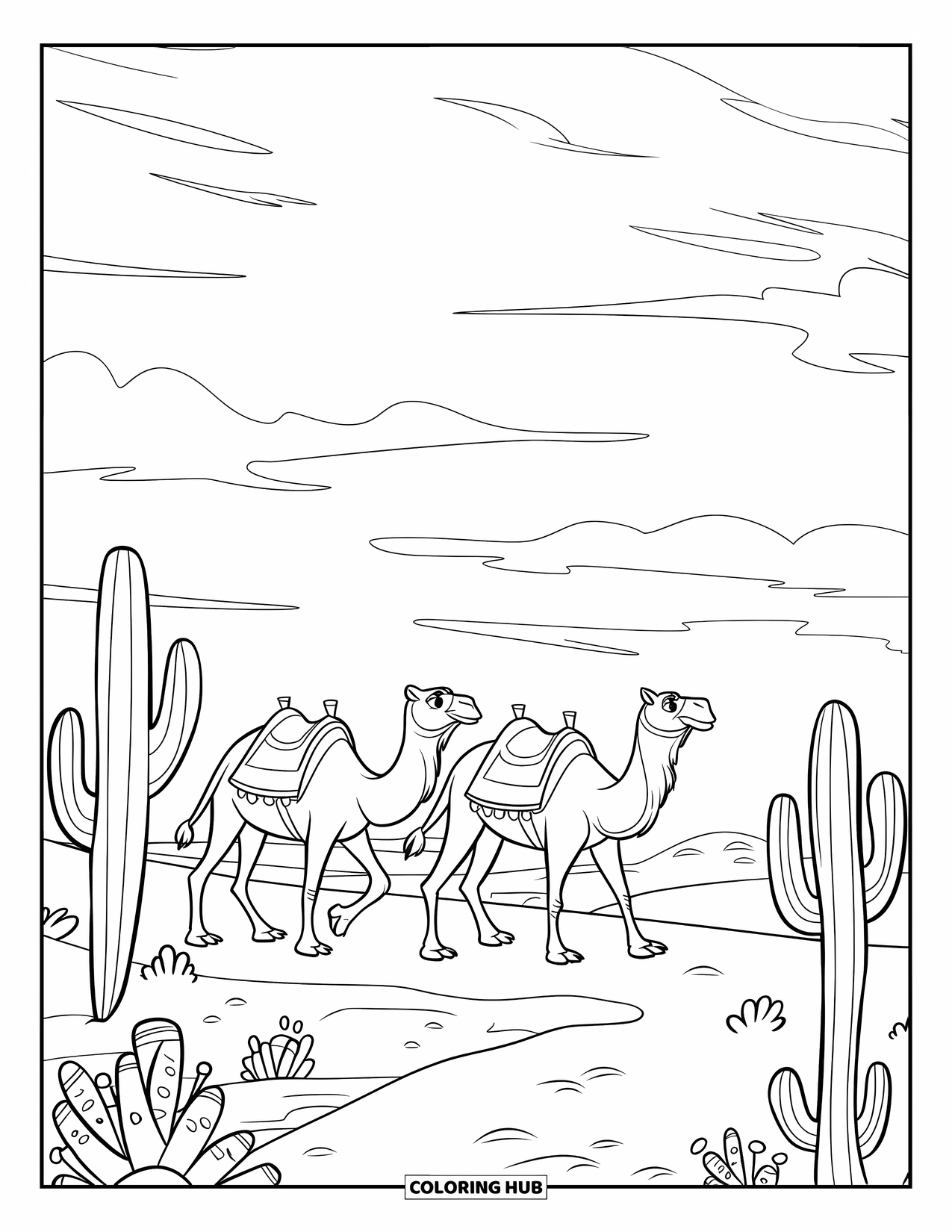 Desert Coloring Page for Kids: Two camels carry packs along a cactus-filled desert path