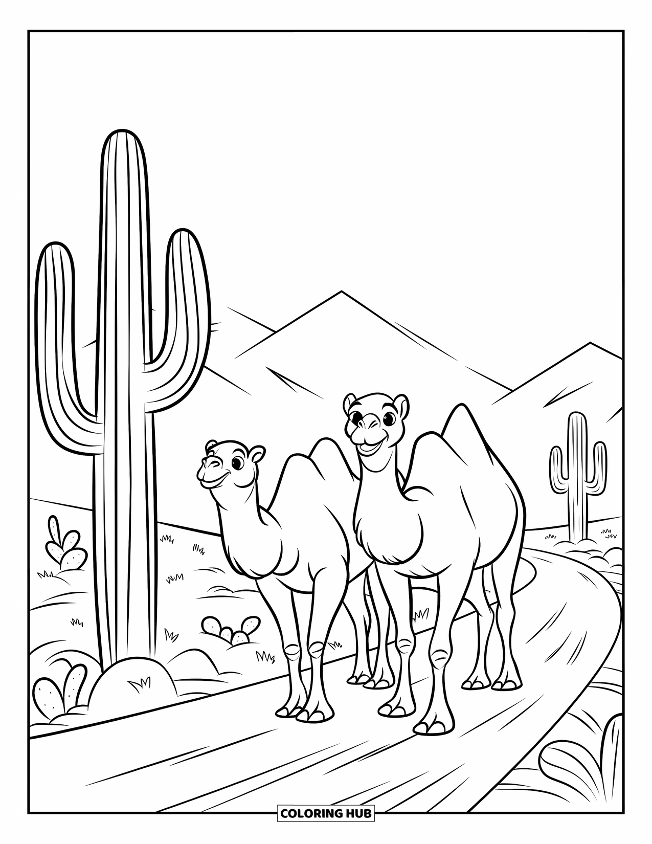 Desert Coloring Page for Kids: Two camels walk down a cactus-lined path through a desert valley