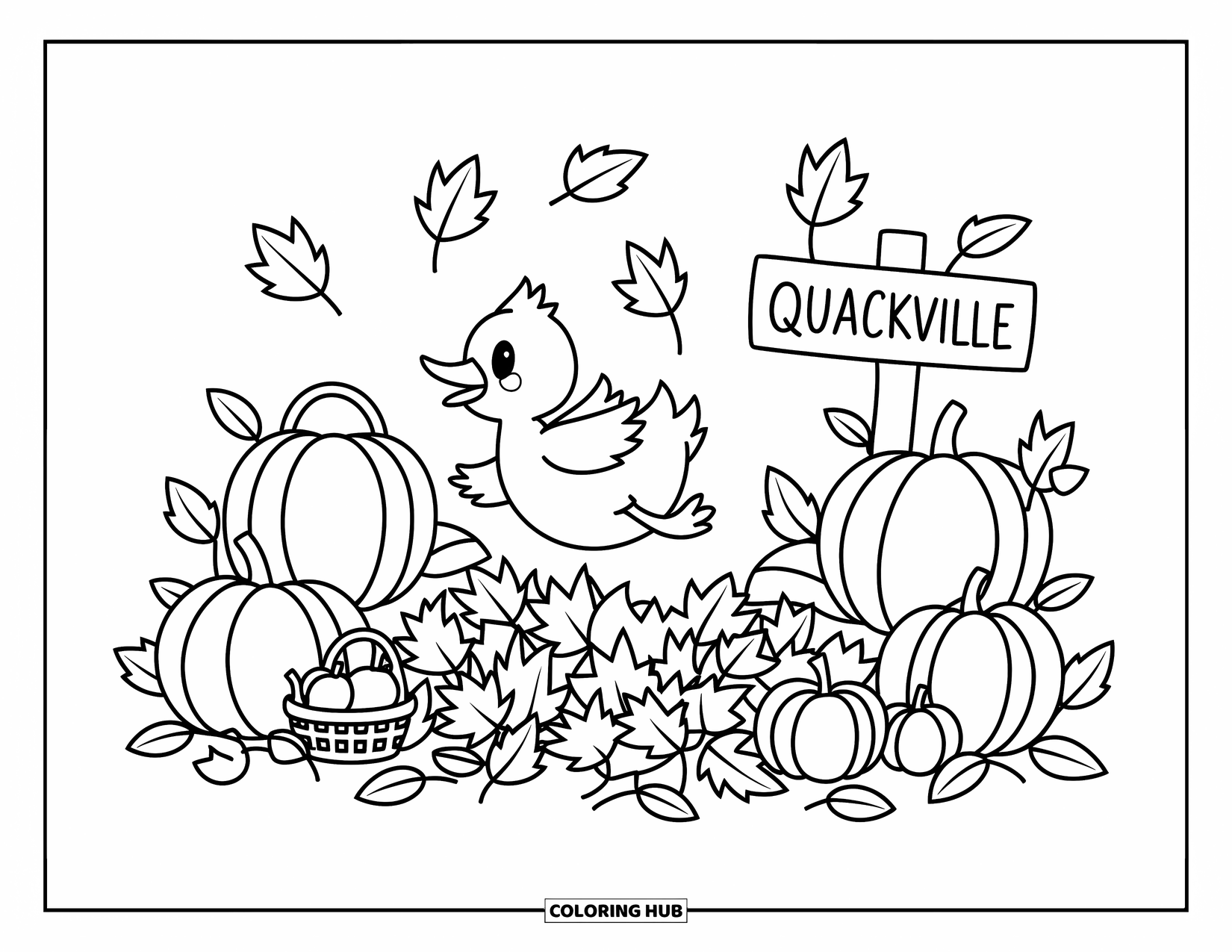 Disegno di un'anatra da colorare per adulti: un'allegra anatra salta tra turbinii di foglie autunnali circondata da zucche e mele