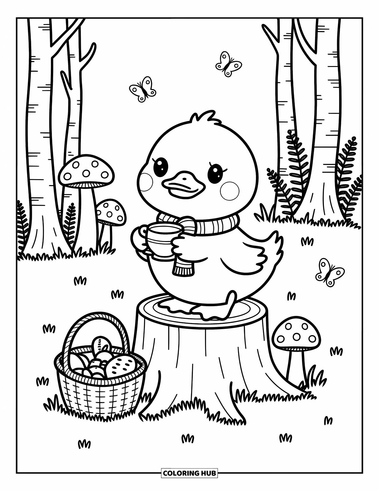 Disegno di un'anatra da colorare per adulti: Un'anatra accogliente siede su un ceppo con il tè, circondata da funghi, felci e farfalle