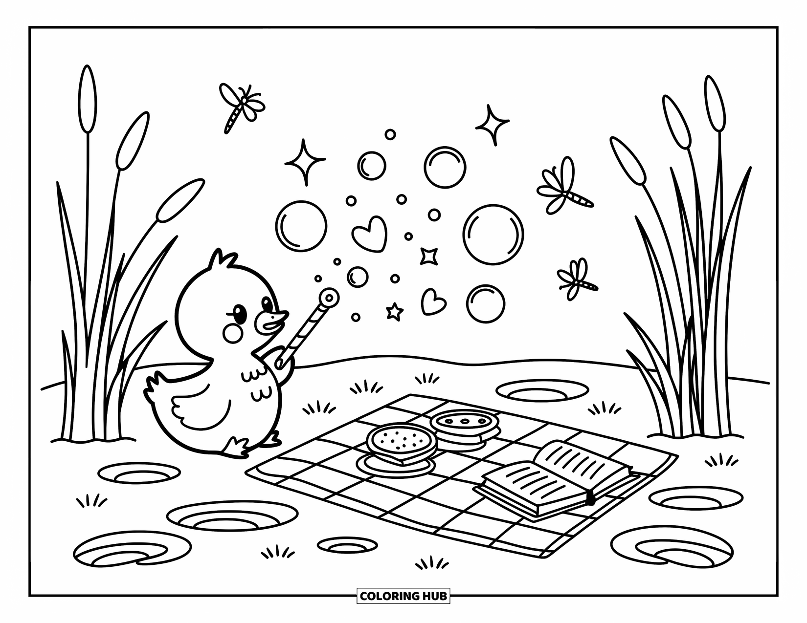 Disegno di un'anatra da colorare per adulti: Un'anatra vicino all'acqua soffia bolle magiche vicino a un accogliente allestimento da picnic e libellule