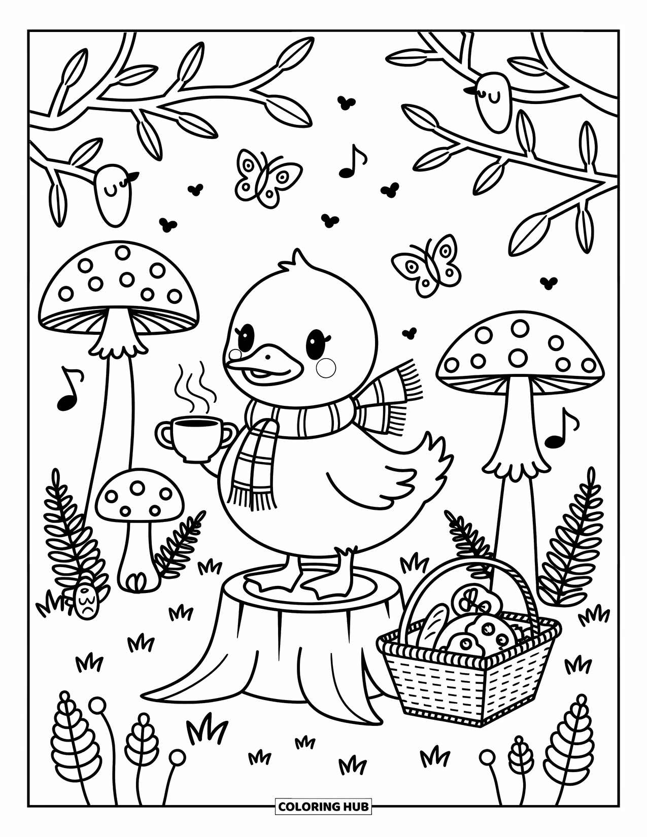 Disegno di un'anatra da colorare per adulti: Un'anatra con una sciarpa si gusta il tè su un ceppo mentre le farfalle svolazzano nella foresta