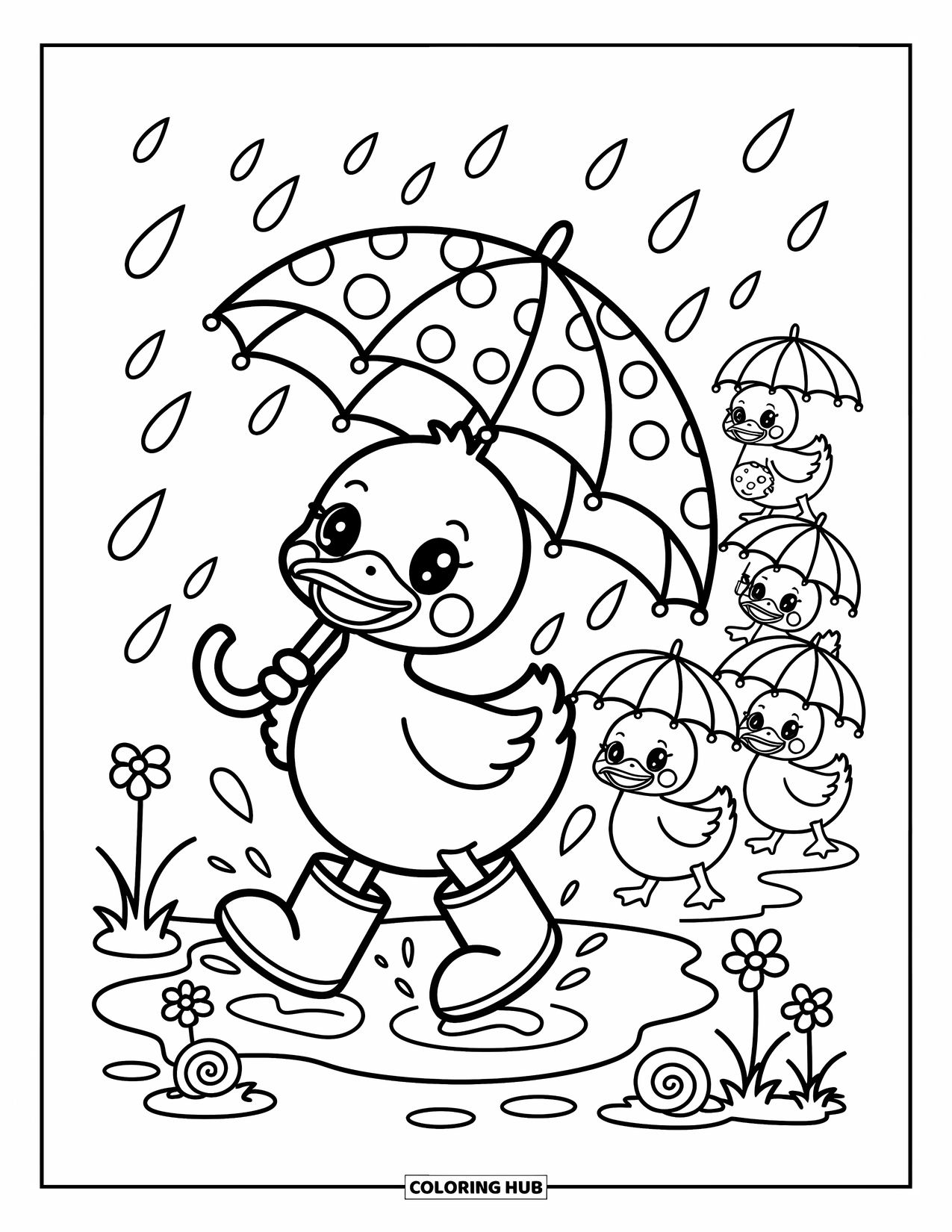 Disegno di un'anatra da colorare per adulti: Un'anatra salta nelle pozzanghere con un ombrello mentre lumache e anatroccoli vagano nelle vicinanze