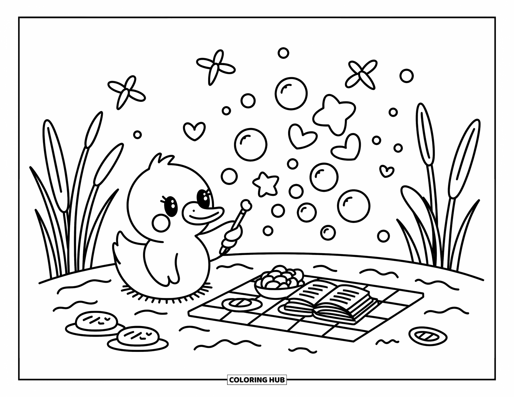 Disegno di un'anatra da colorare per adulti: un'anatra si rilassa vicino a uno stagno, soffiando graziose bolle mentre libellule e canne ondeggiano dolcemente