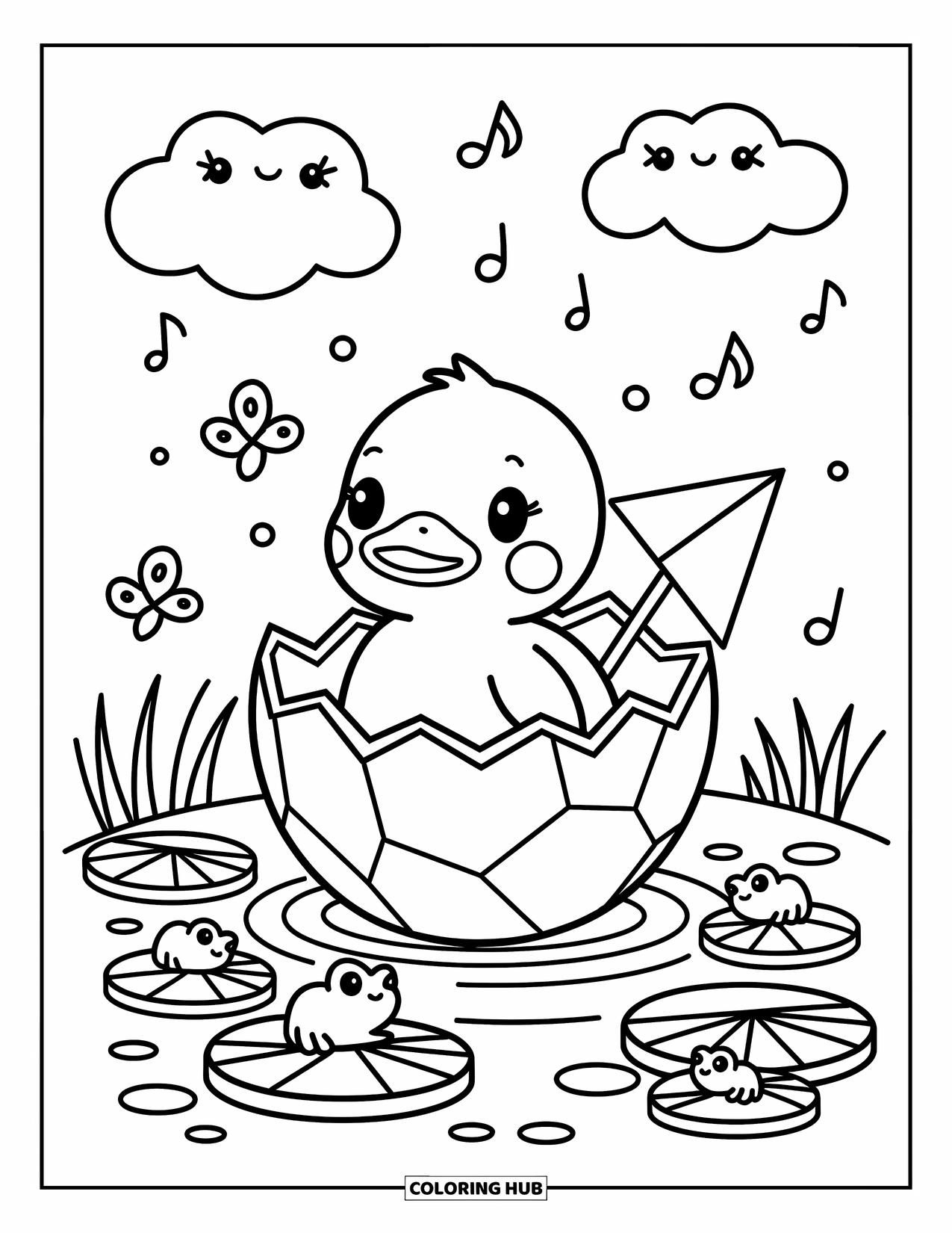 Disegno di un'anatra da colorare per adulti: Un'anatra naviga in una barca a guscio d'uovo su un tranquillo laghetto con rane e farfalle nelle vicinanze