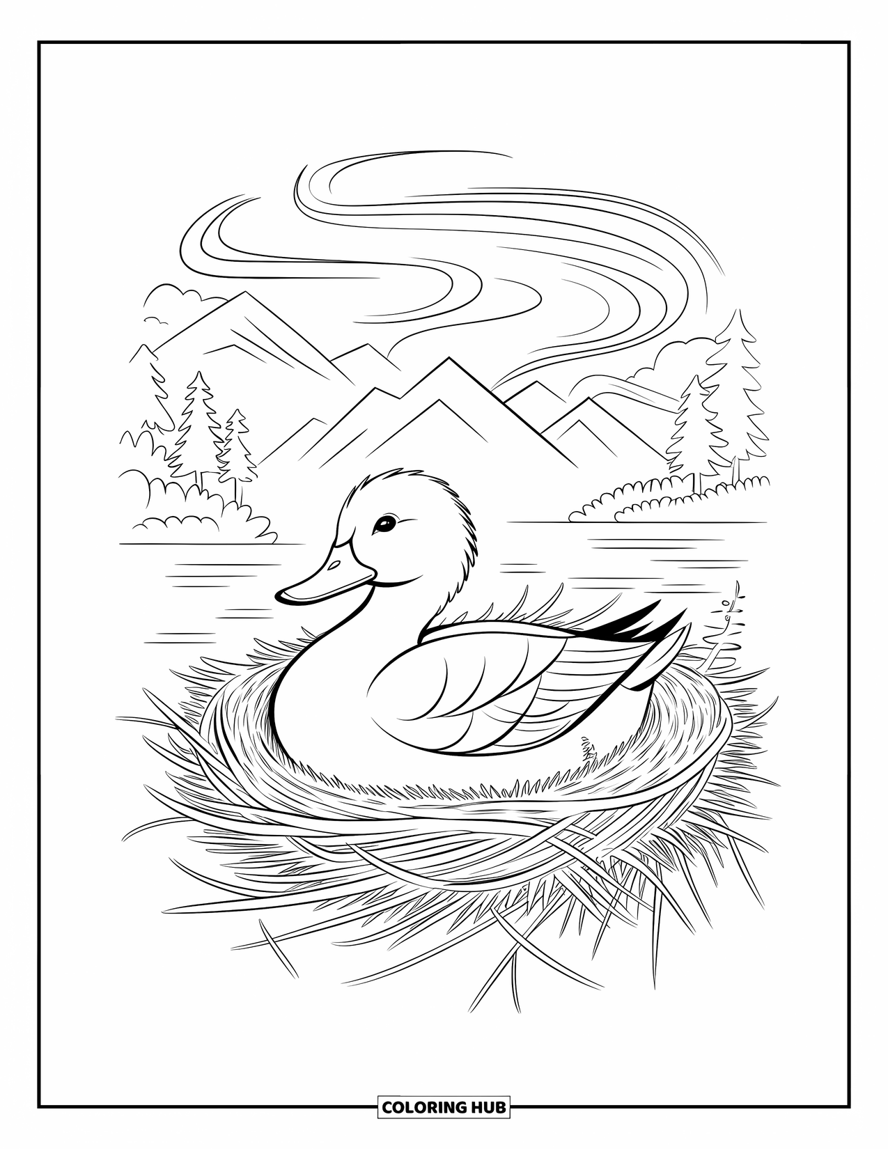 Disegno di un'anatra da colorare per adulti: Un'anatra siede in un nido mentre schemi di vento vorticosi si muovono intorno ad essa