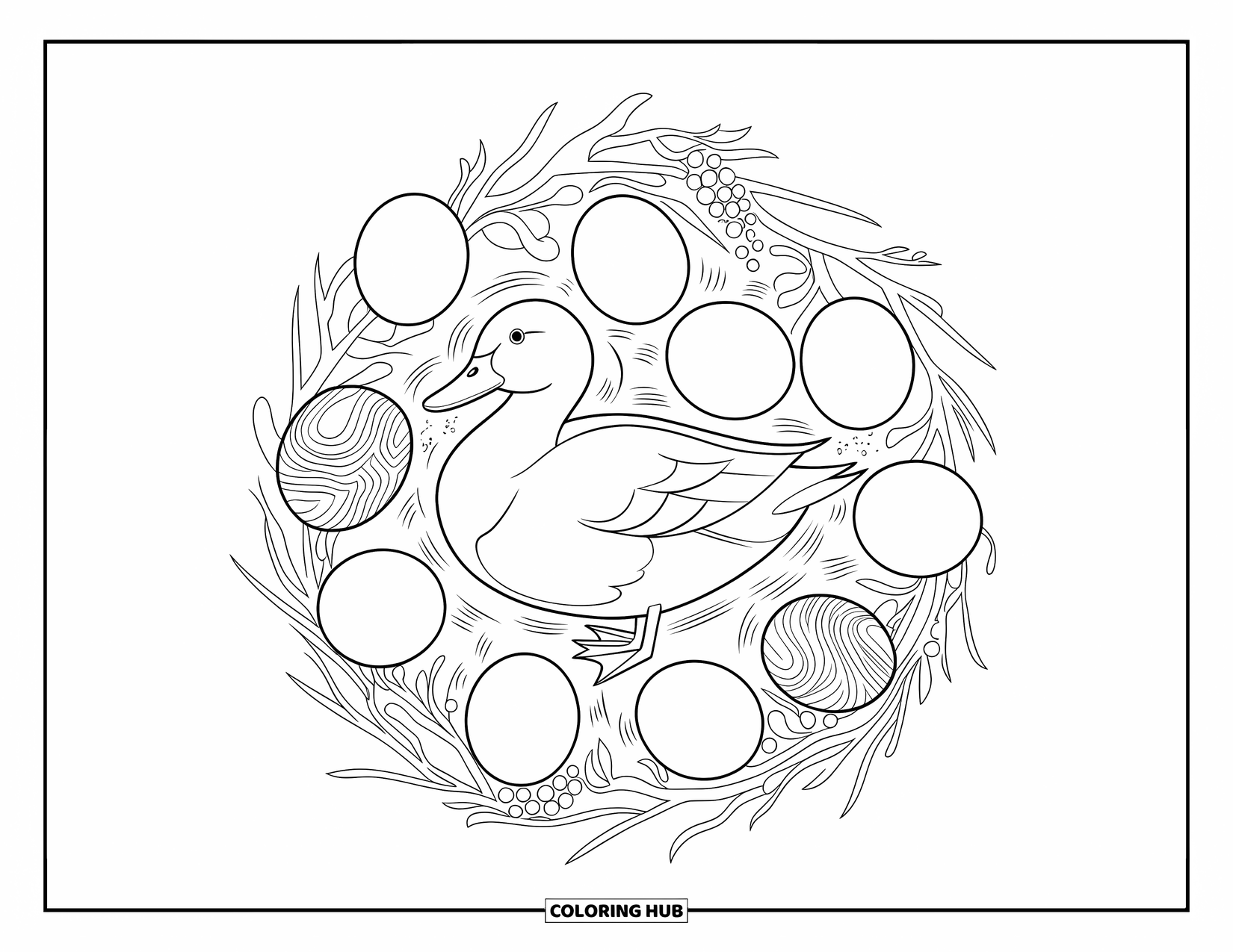 Disegno di un'anatra da colorare per adulti: un'anatra è seduta al centro di un cerchio circondata da uova, ramoscelli e motivi delicati