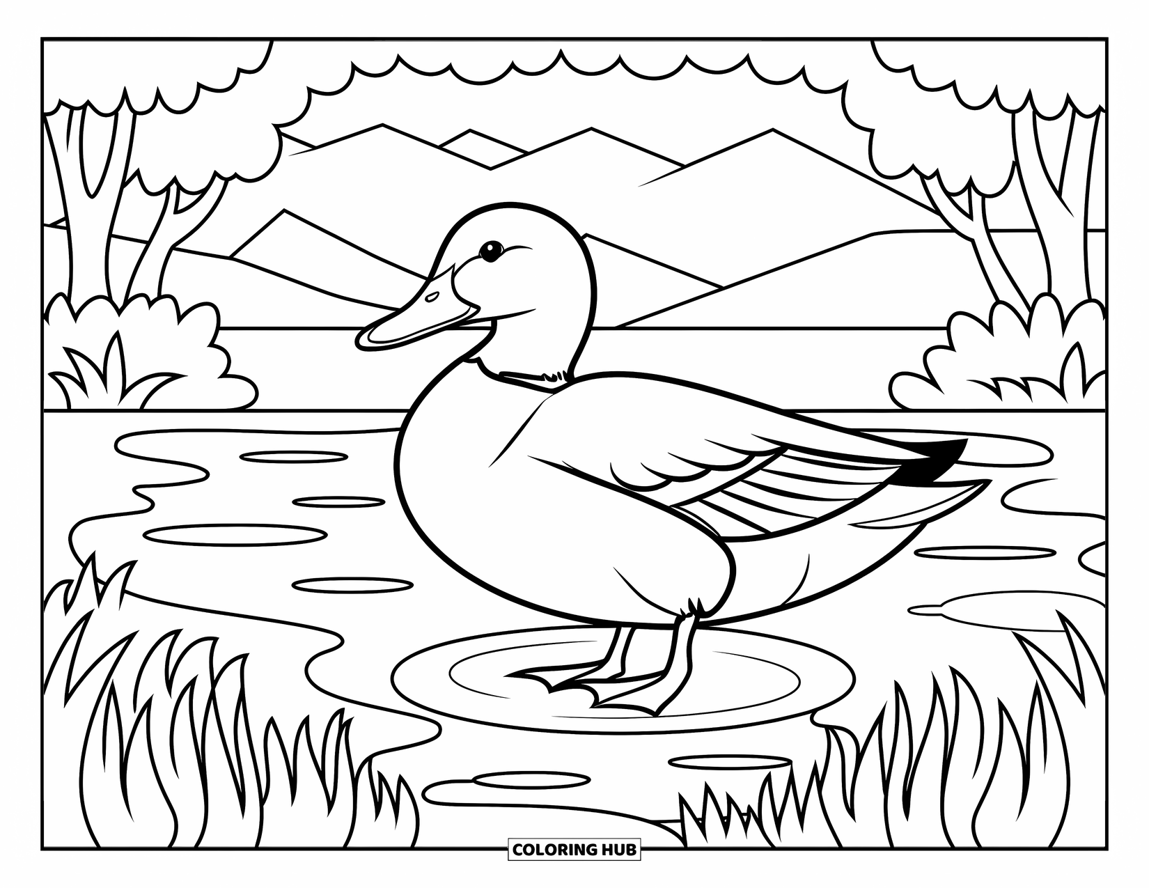 Disegno di un'anatra da colorare per adulti: un'anatra è in piedi in un tranquillo stagno, circondata da alberi, erba e dolci increspature