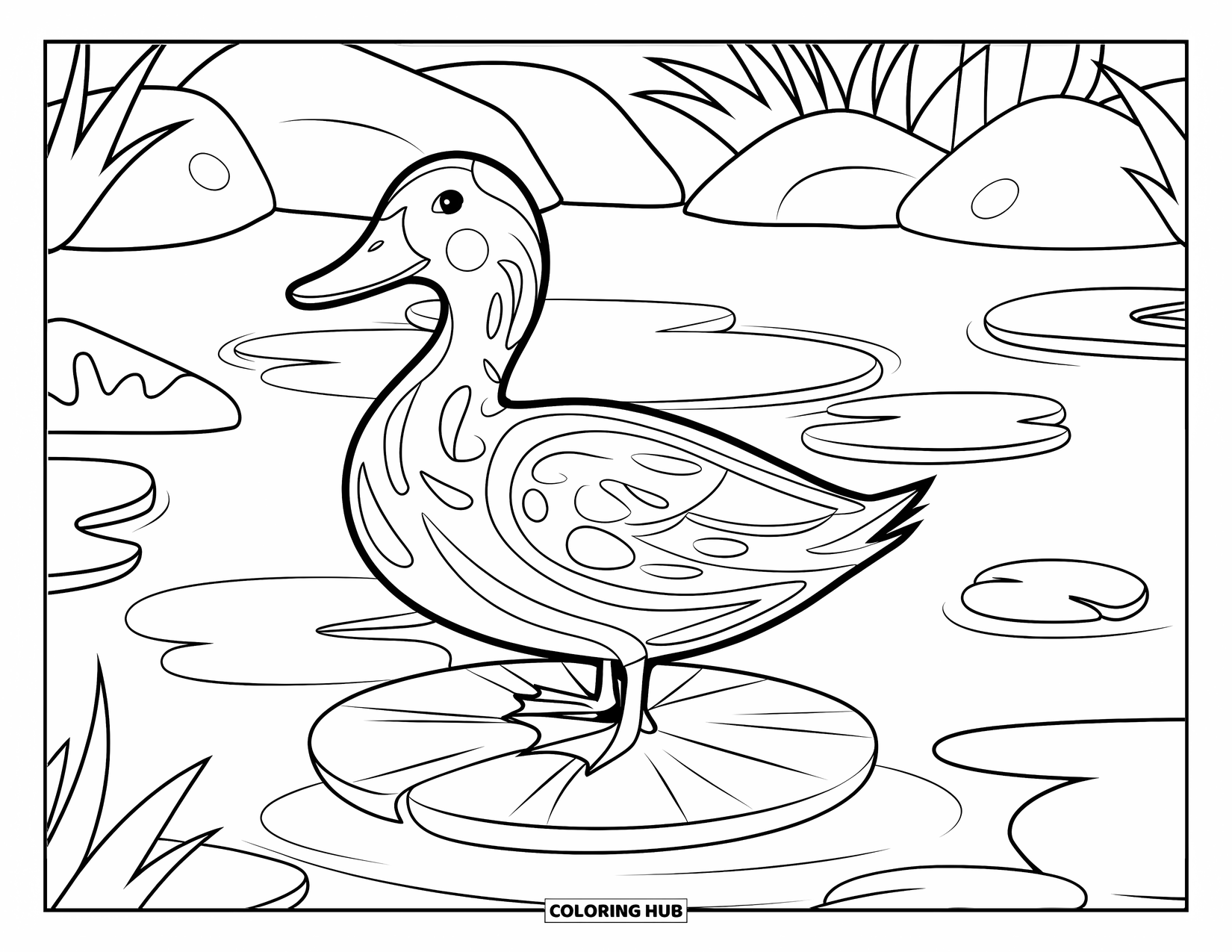 Disegno di un'anatra da colorare per adulti: un'anatra è in piedi su una ninfea con motivi d'acqua e piante di stagno intorno