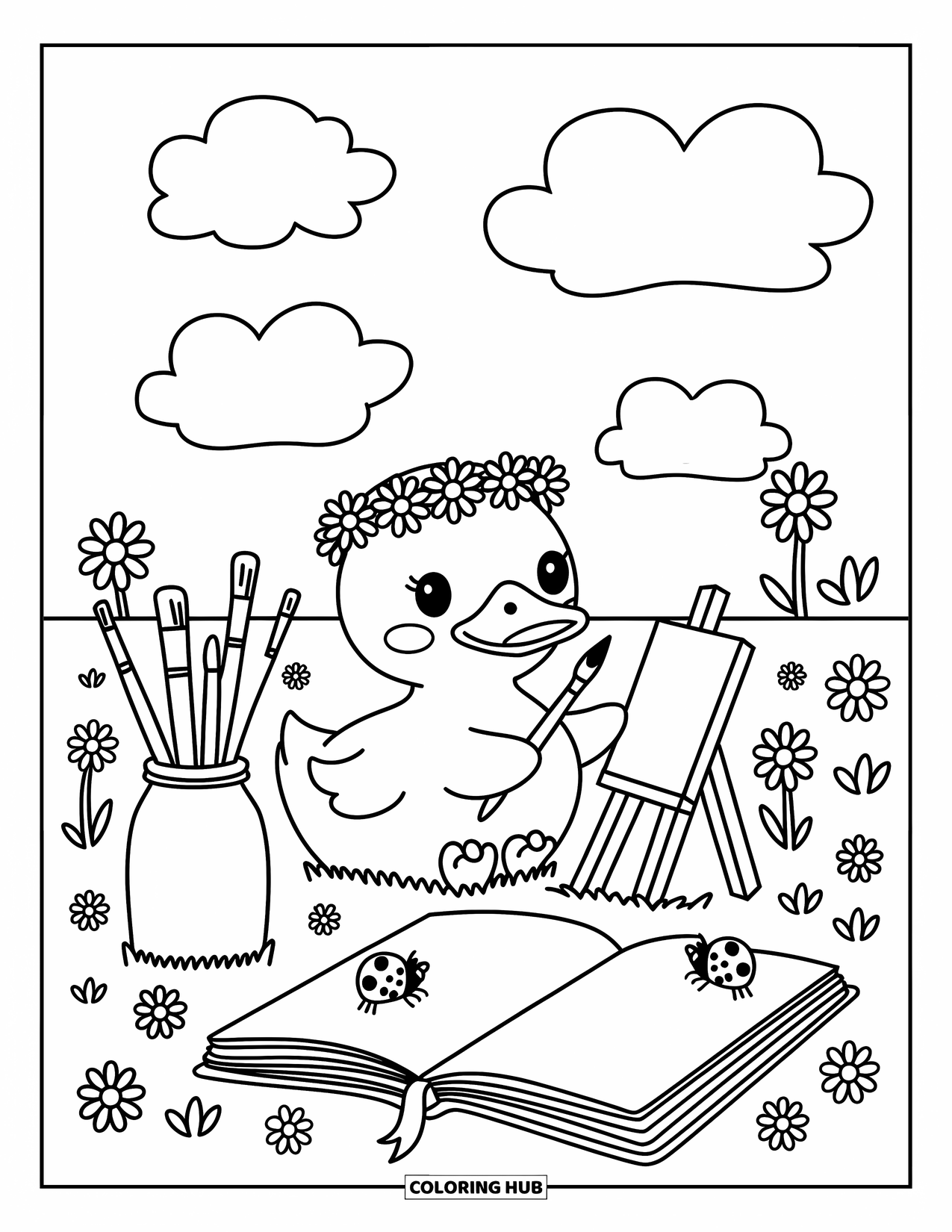 Disegno di un'anatra da colorare per adulti: Un'anatra con una corona di fiori dipinge in un campo pieno di margherite e coccinelle