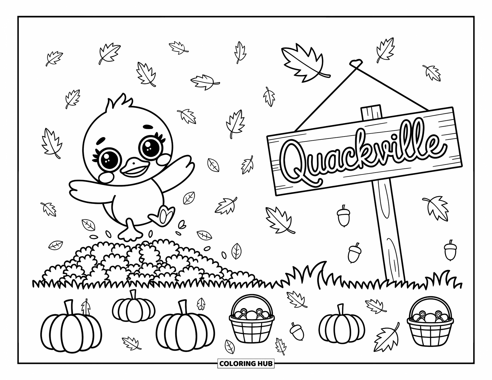 Disegno di un'anatra da colorare per adulti: Un'anatra felice salta in un grande mucchio di foglie autunnali a Quackville