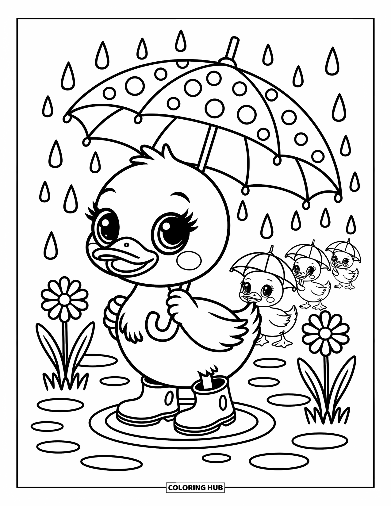 Disegno di un'anatra da colorare per adulti: Un'anatra felice gioca nelle pozzanghere con anatroccoli e fiori che sbocciano nel fango piovoso