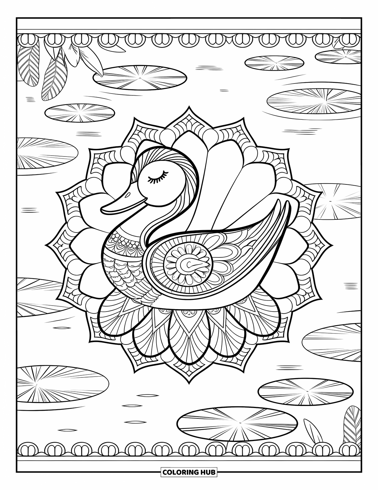 Disegno di un'anatra da colorare per adulti: Un'anatra pacifica siede su una ninfea all'interno di un disegno di piume e fiori