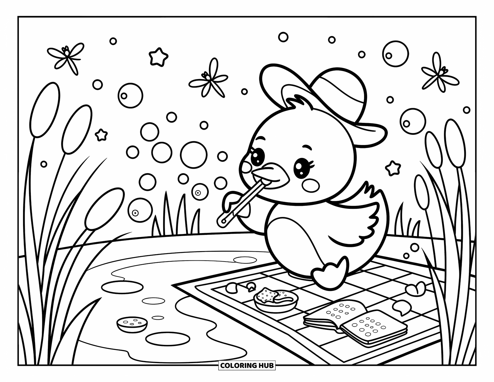 Disegno di un'anatra da colorare per adulti: Un'anatra giocosa soffia bolle a forma di cuore accanto a un laghetto con snack e libri nelle vicinanze