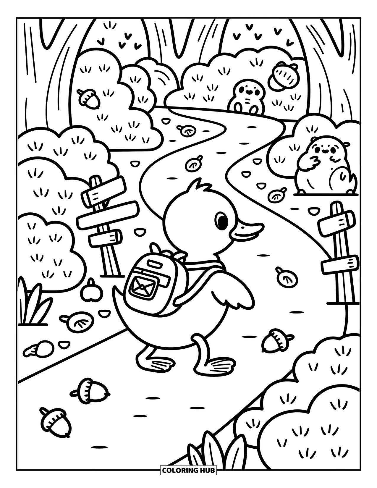 Disegno di un'anatra da colorare per adulti: Una piccola anatra cammina attraverso la foresta tenendo una mappa, circondata da creature e foglie cadute