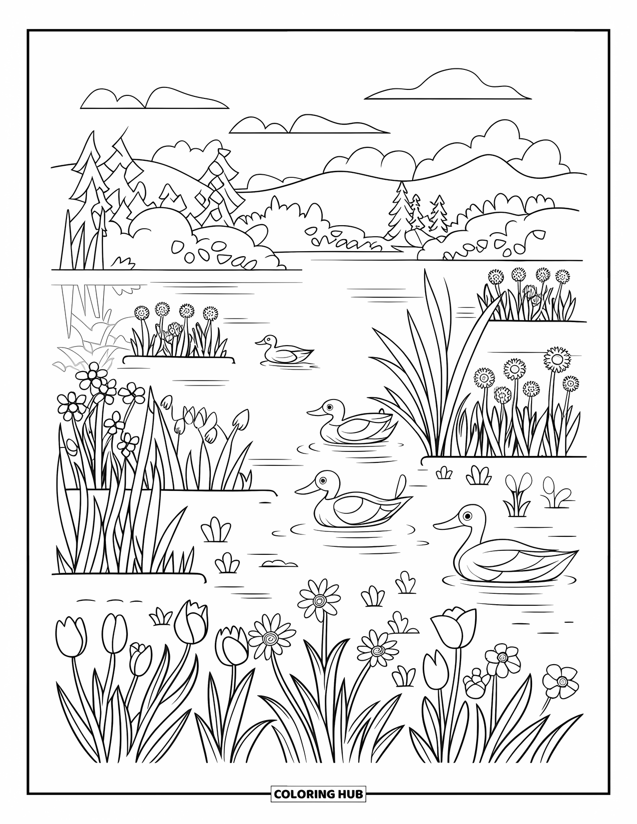 Disegno di un'anatra da colorare per adulti: Le anatre scivolano attraverso un lago primaverile in fiore con tulipani, narcisi e riflessi delicati